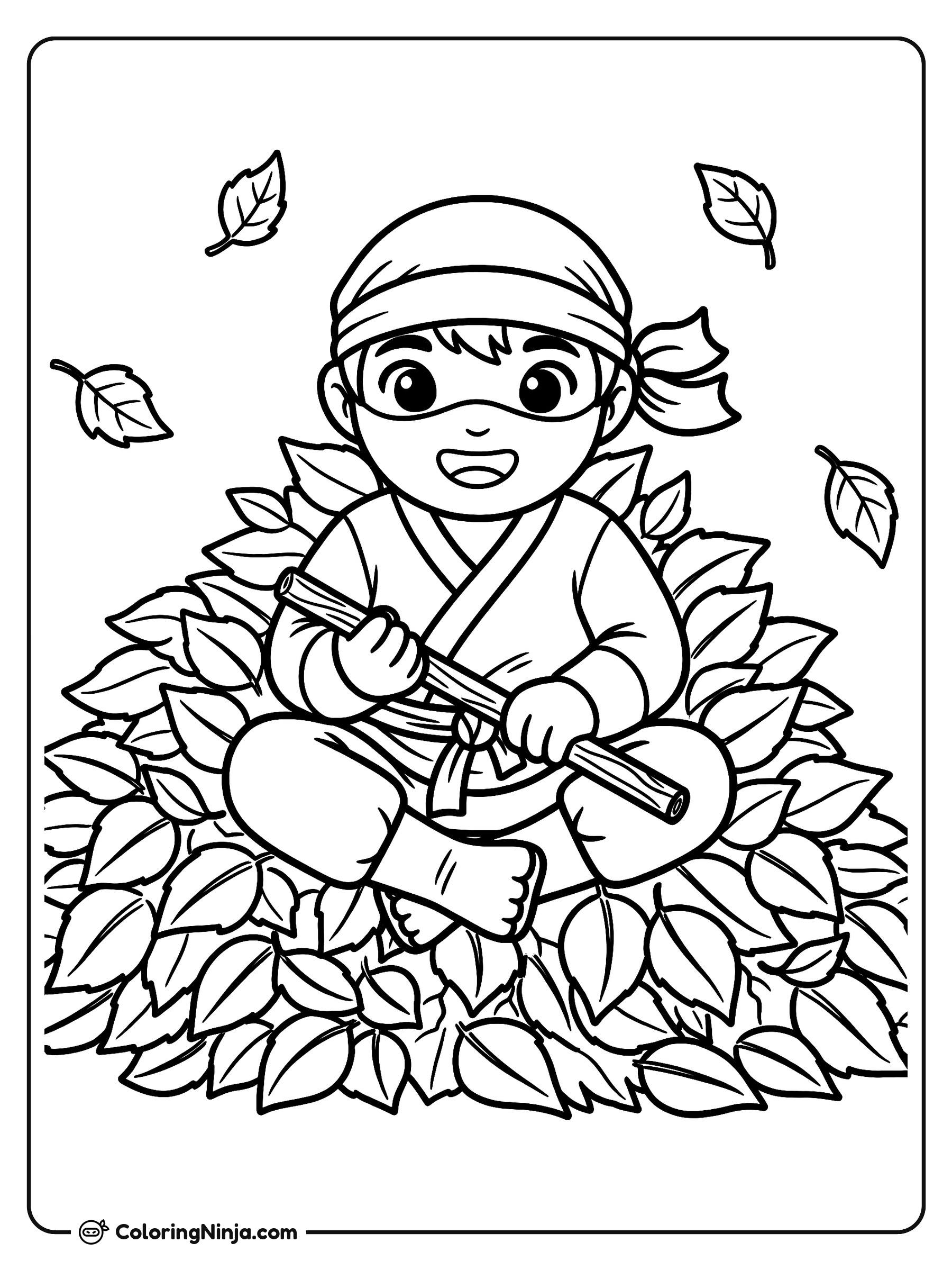 Ninja jugando en las hojas secas: dibujo para colorear
