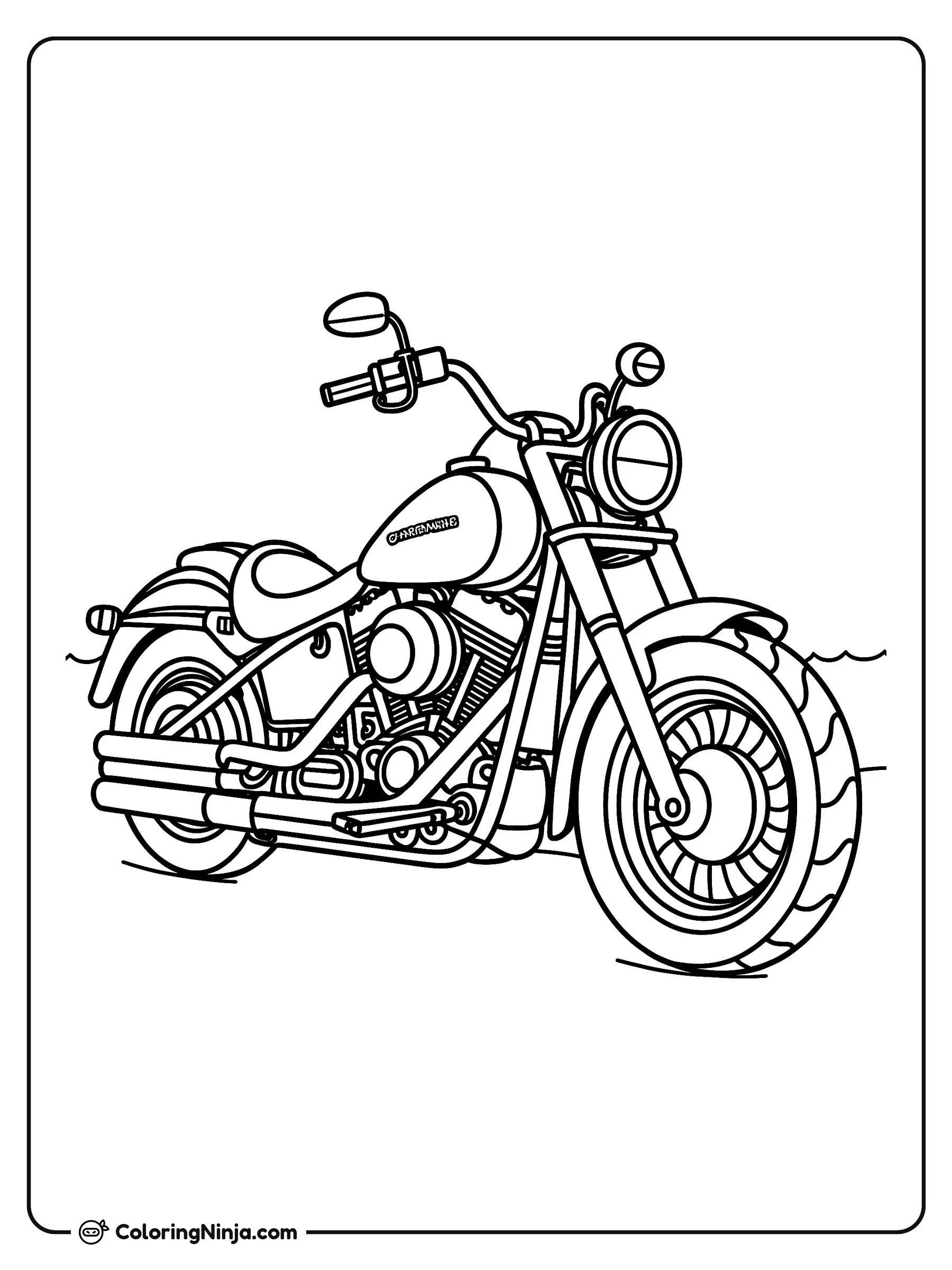 Motocicleta clásica Harley Davidson, dibujo para colorear: Una clásica motocicleta estilo cruiser permanece estacionada y lista para salir a la carretera.