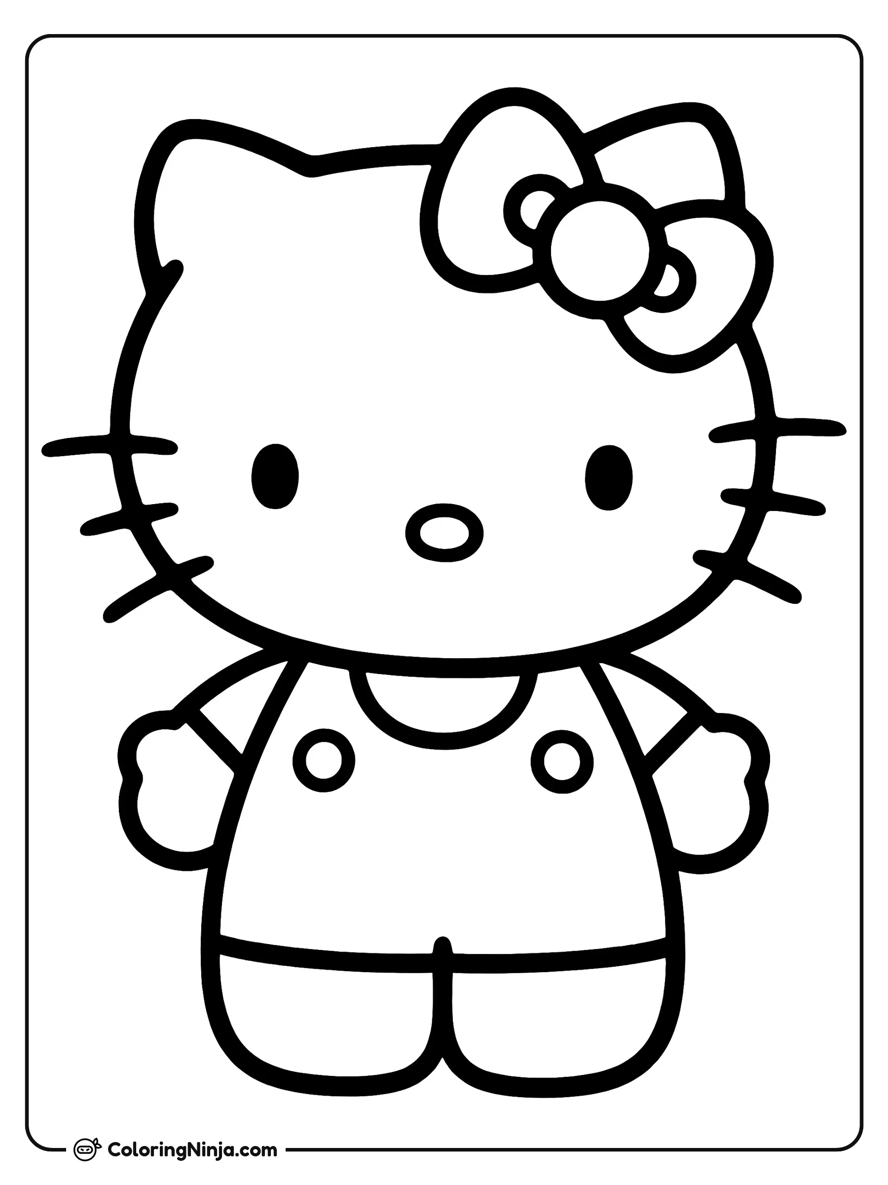 Hello Kitty de cuerpo completo de pie, dibujo para colorear: Hello Kitty está de pie mirando hacia al frente con su clásico overol y playera. Lleva su moño característico cerca de la oreja mientras permanece quieta con los brazos a los lados.