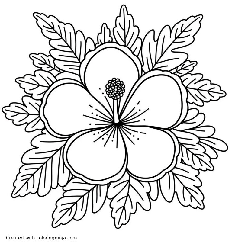 A coloring page of Hibiscus Protea Ginger and Palms