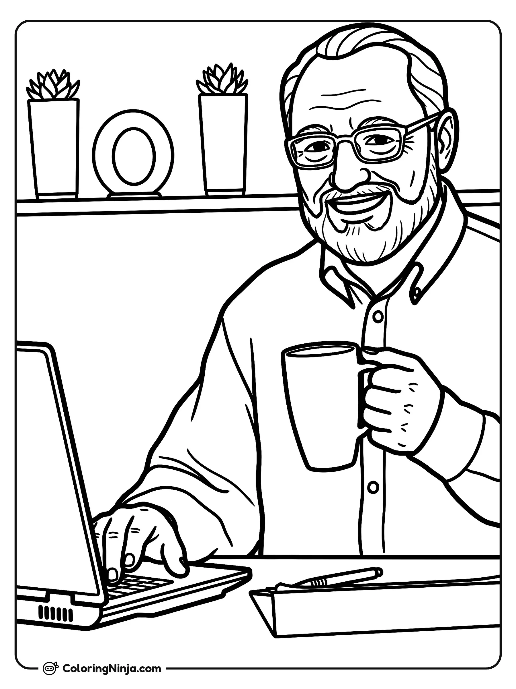 Hide the Pain Harold en su computadora, dibujo para colorear: Hide the Pain Harold está sentado frente a su escritorio con anteojos y una taza de café. Tiene una mano sobre la computadora portátil y al fondo se ve un estante con plantas suculentas.