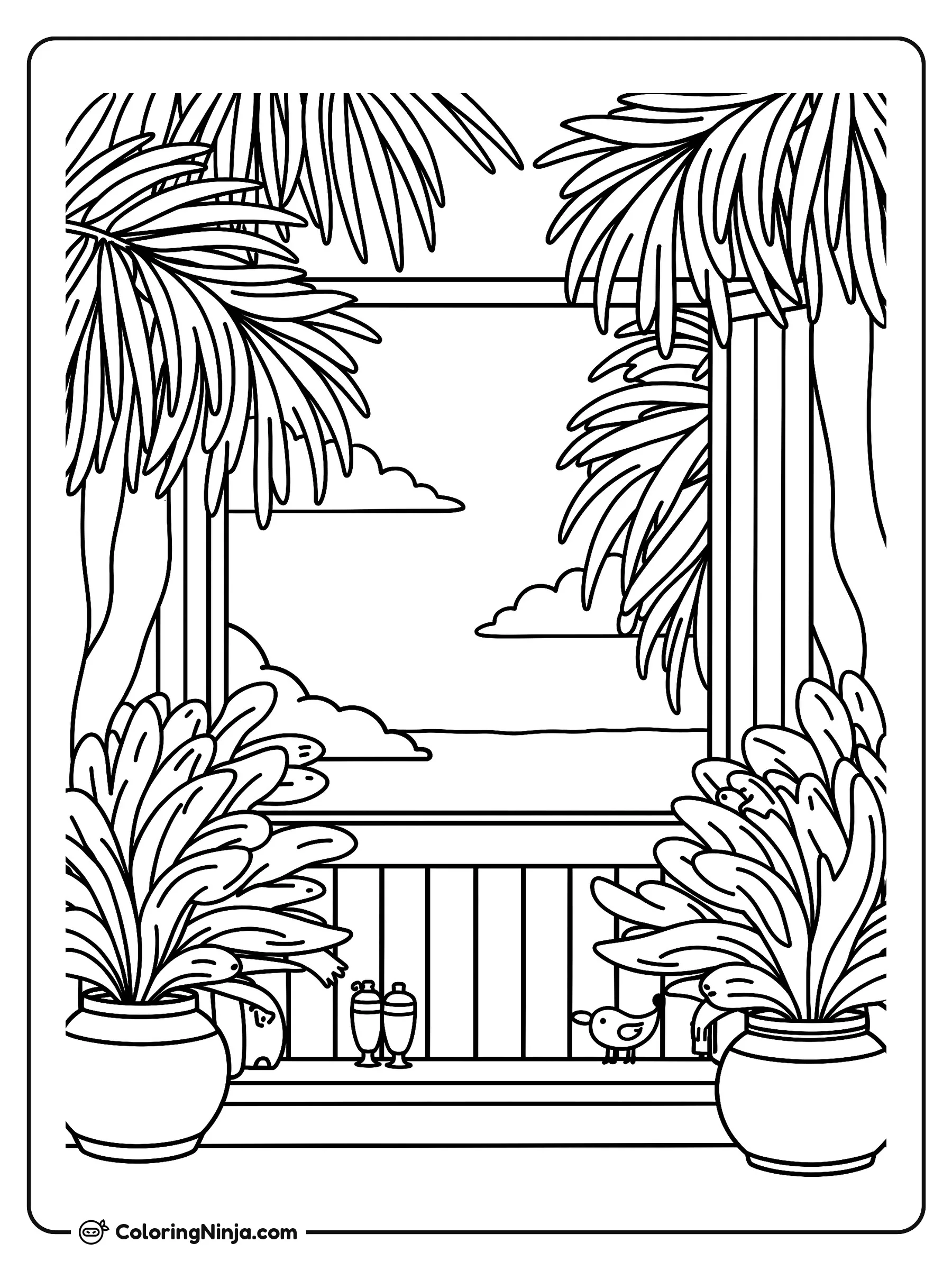 Vista tropical desde el balcón, dibujo para colorear: Un balcón abierto ofrece una hermosa vista hacia un océano tranquilo bajo un cielo con nubes.