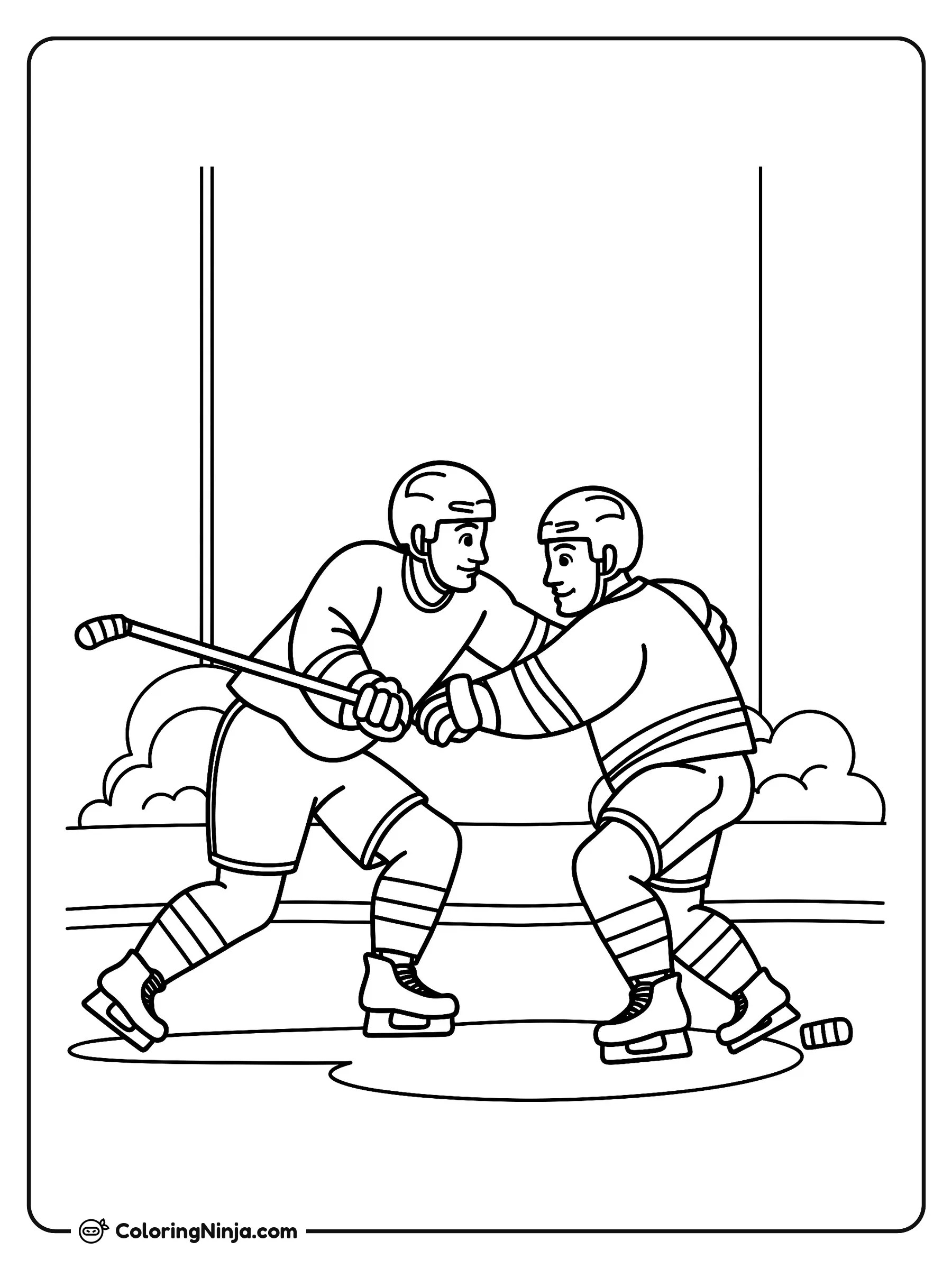 Dos jugadores de hockey sobre hielo, dibujo para colorear: Dos jugadores de hockey se enfrentan en la pista vistiendo su equipo completo con cascos, uniformes acolchados y patines.