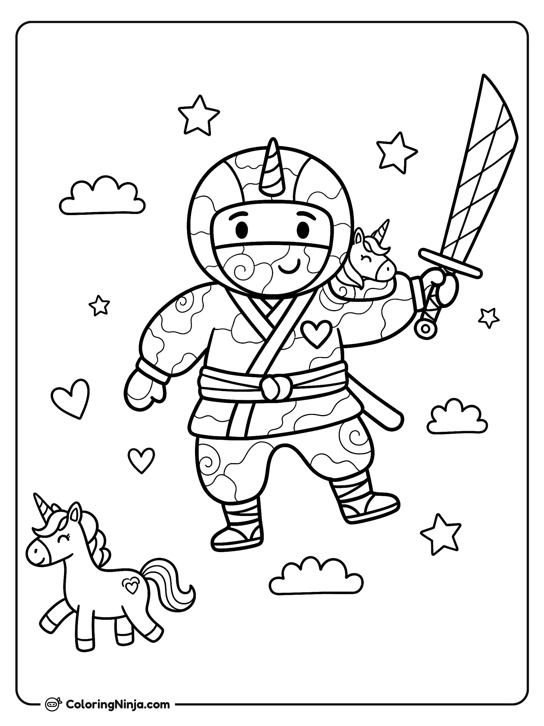 Ninja alegre con pequeños unicornios, dibujo para colorear: Un ninja sonriente con traje estampado sostiene su espada en alto mientras lo acompañan dos tiernos unicornios, uno sobre su hombro y otro caminando abajo.