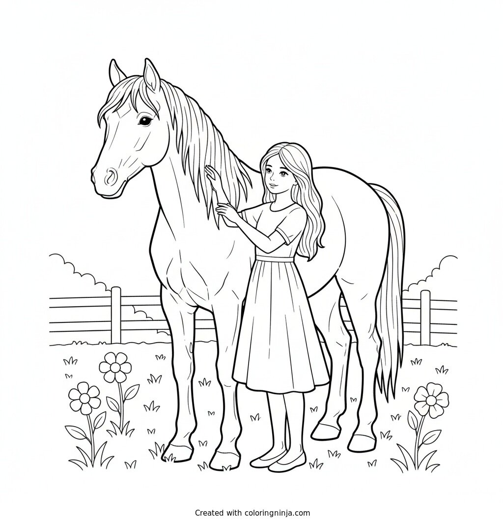 Coloring page of a horse and a girl