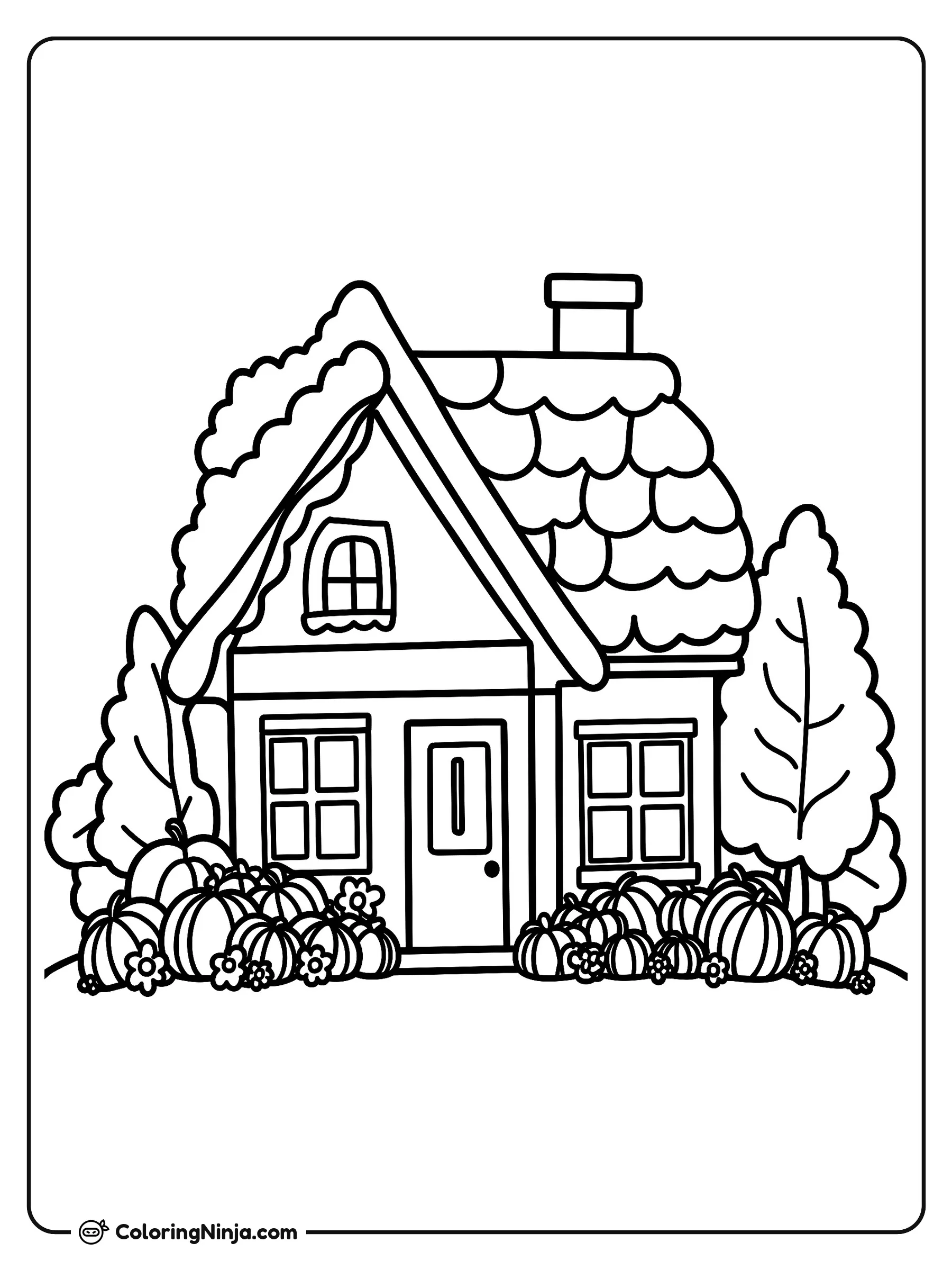 Casa acogedora con calabazas afuera, dibujo para colorear: Una encantadora casita está rodeada de frondosos árboles y follaje de otoño. En el patio delantero descansa una abundante cosecha de calabazas de diferentes tamaños junto a pequeñas flores.