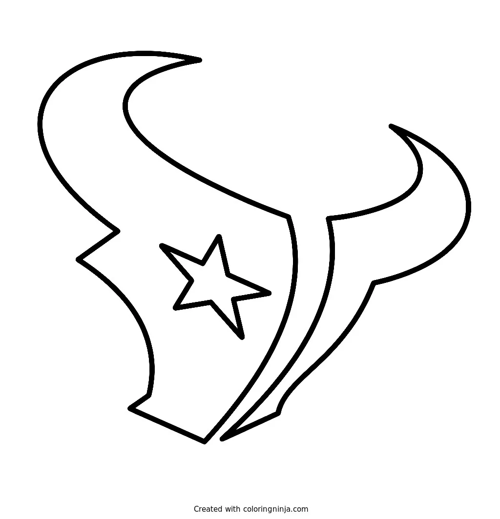 Logo de los Houston Texans, dibujo para colorear: Esta página presenta el logo estilizado de los Houston Texans con la cabeza de un toro y una estrella en el ojo.