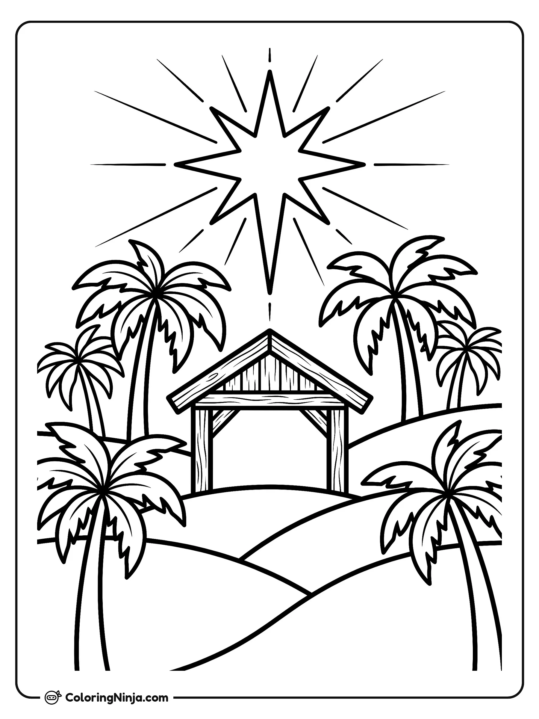 Star Over the Bethlehem Stable Coloring Page: A radiant star with long light rays sits atop a night sky, illuminating a small wooden stable nestled among gentle hills and tall palm trees.