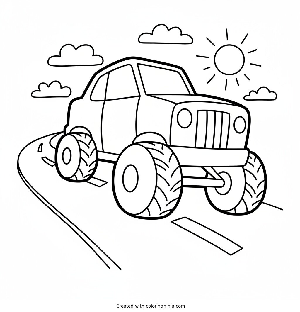 A coloring page of Huge masive car on the road