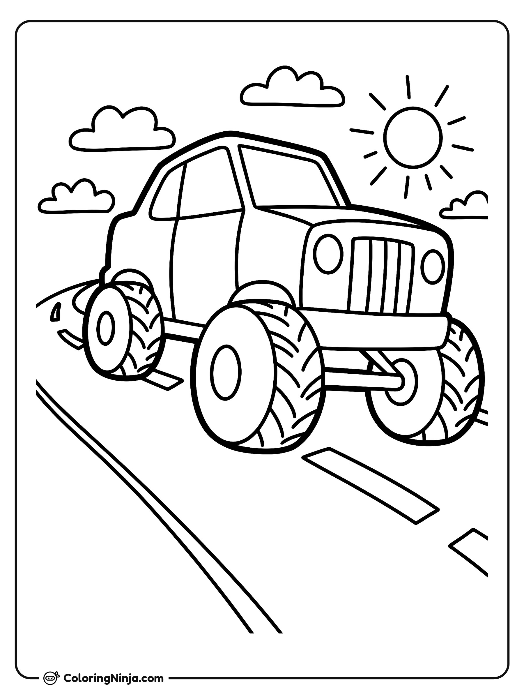 Enorme camioneta monstruo en la carretera: dibujo para colorear