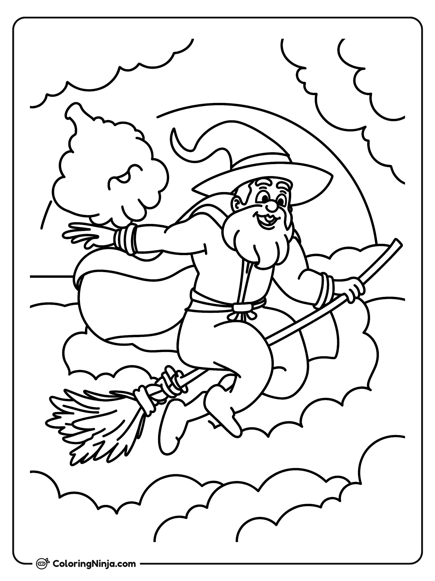 Brujo Sonriente Volando en Escoba, dibujo para colorear: Un alegre brujo barbudo vuela alto por el cielo sobre su escoba, luciendo un sombrero puntiagudo y una capa al viento. Varias nubes lo rodean mientras un gran arcoíris se despliega al fondo.