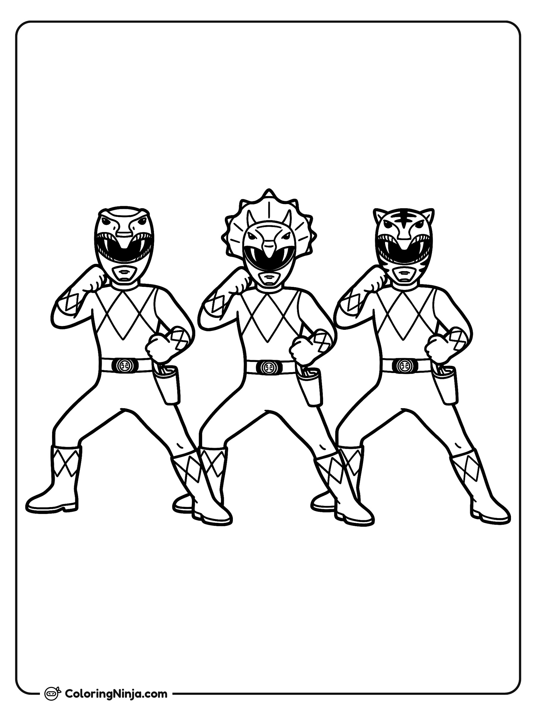 Tres Power Rangers en poses de acción: dibujo para colorear