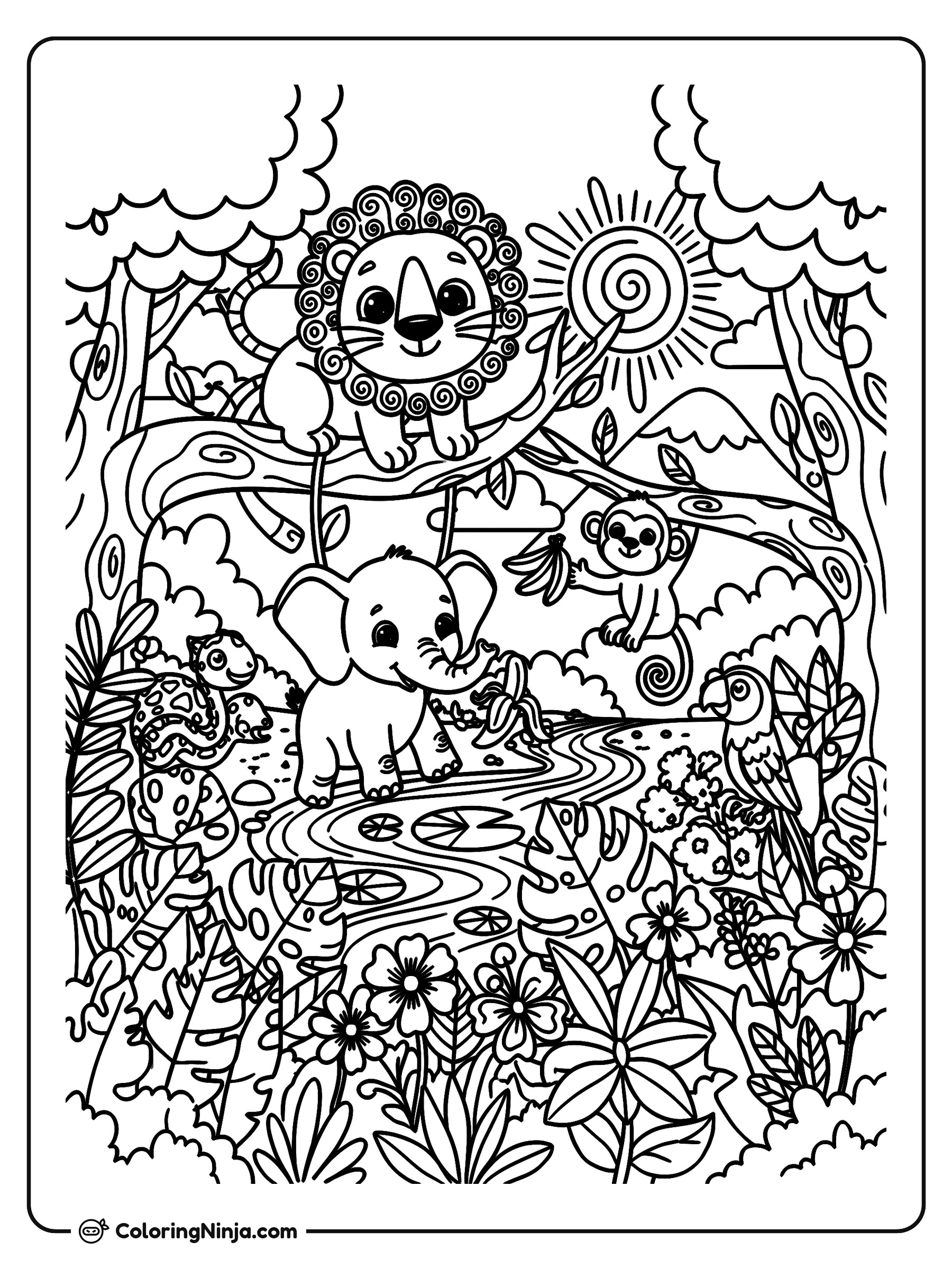 Colección creativa de animales de la selva: dibujo para colorear