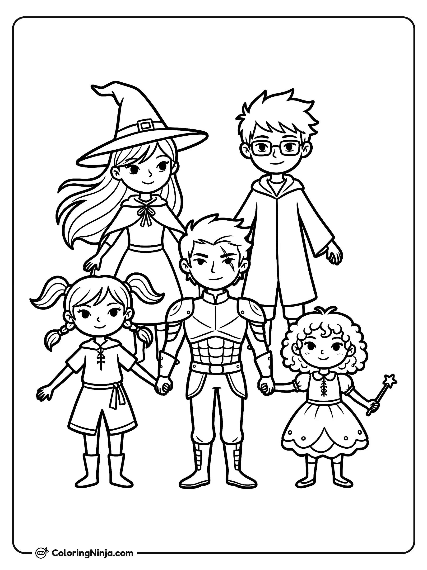 Jóvenes magos tomados de la mano, dibujo para colorear: Cinco jóvenes magos forman un amigable grupo donde tres de ellos están tomados de la mano en la fila delantera.