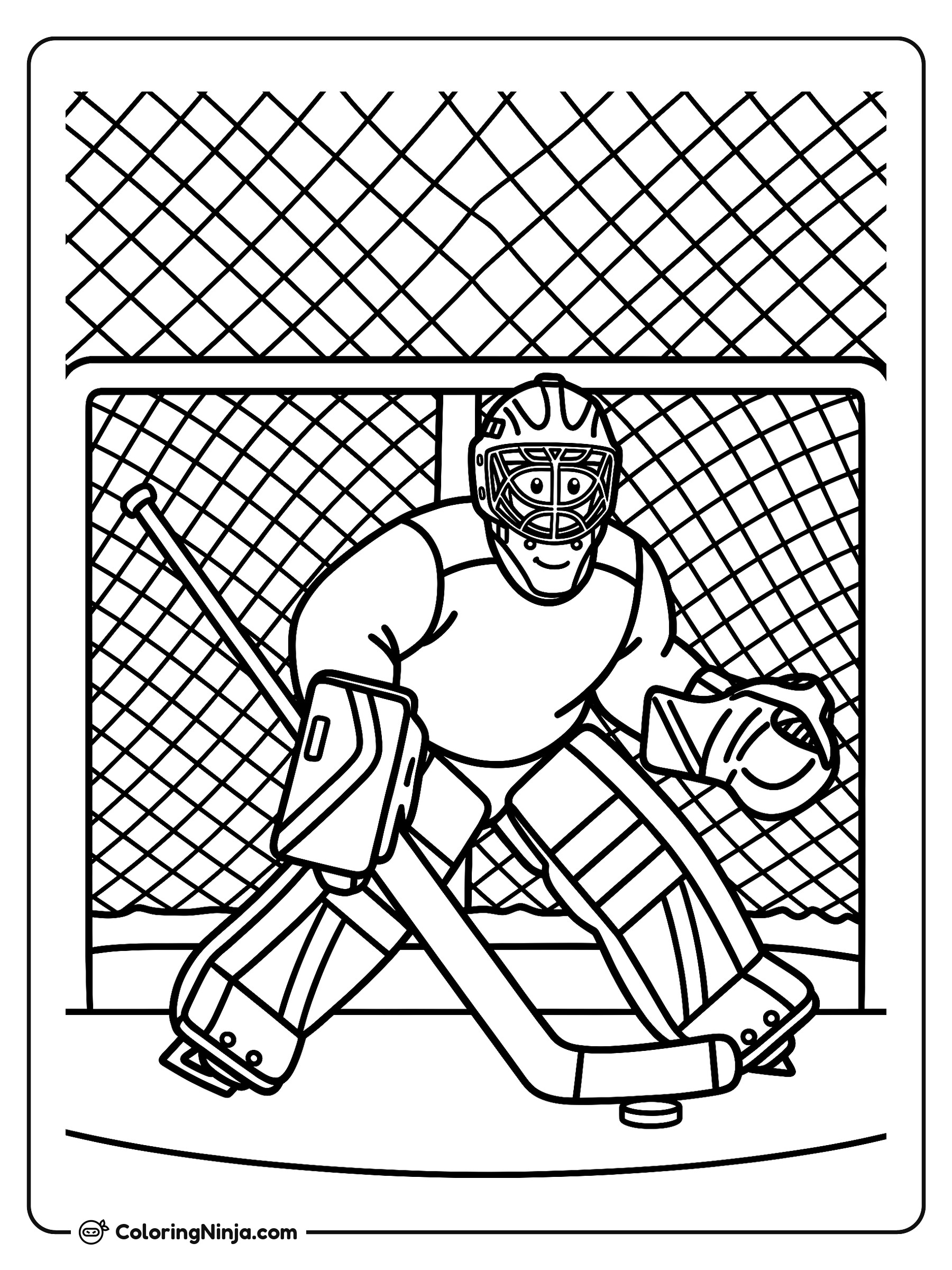 Portero de hockey frente a la portería: dibujo para colorear