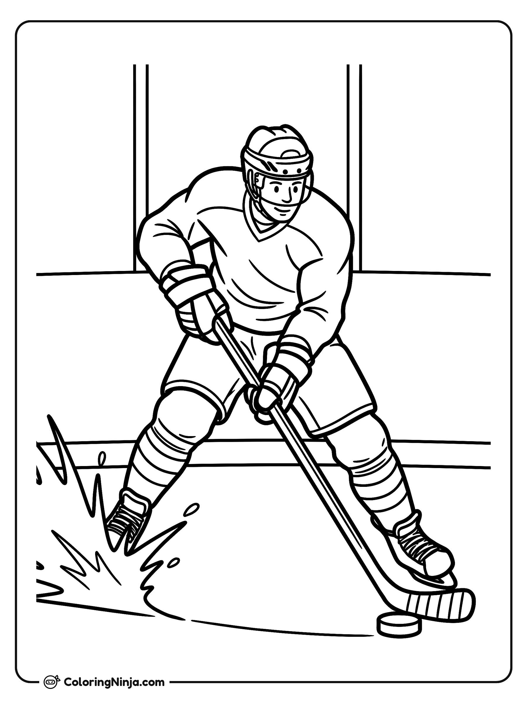 Jugador de hockey disparando en la pista: dibujo para colorear
