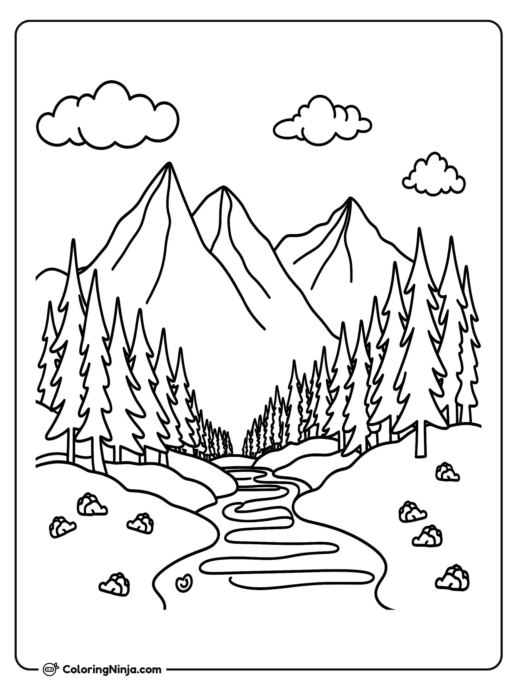 Río pacífico de montaña y bosque: dibujo para colorear