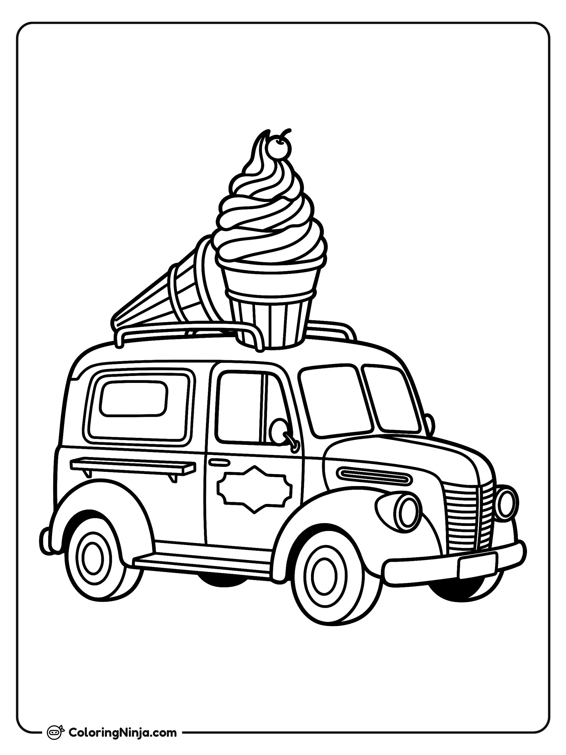 Camión de Helados Sweet Treats, dibujo para colorear: Un clásico camión de helados lleva gigantescos conos de helado suave con una cereza en el techo. El vehículo cuenta con ventanas laterales, faros delanteros y una parrilla detallada.