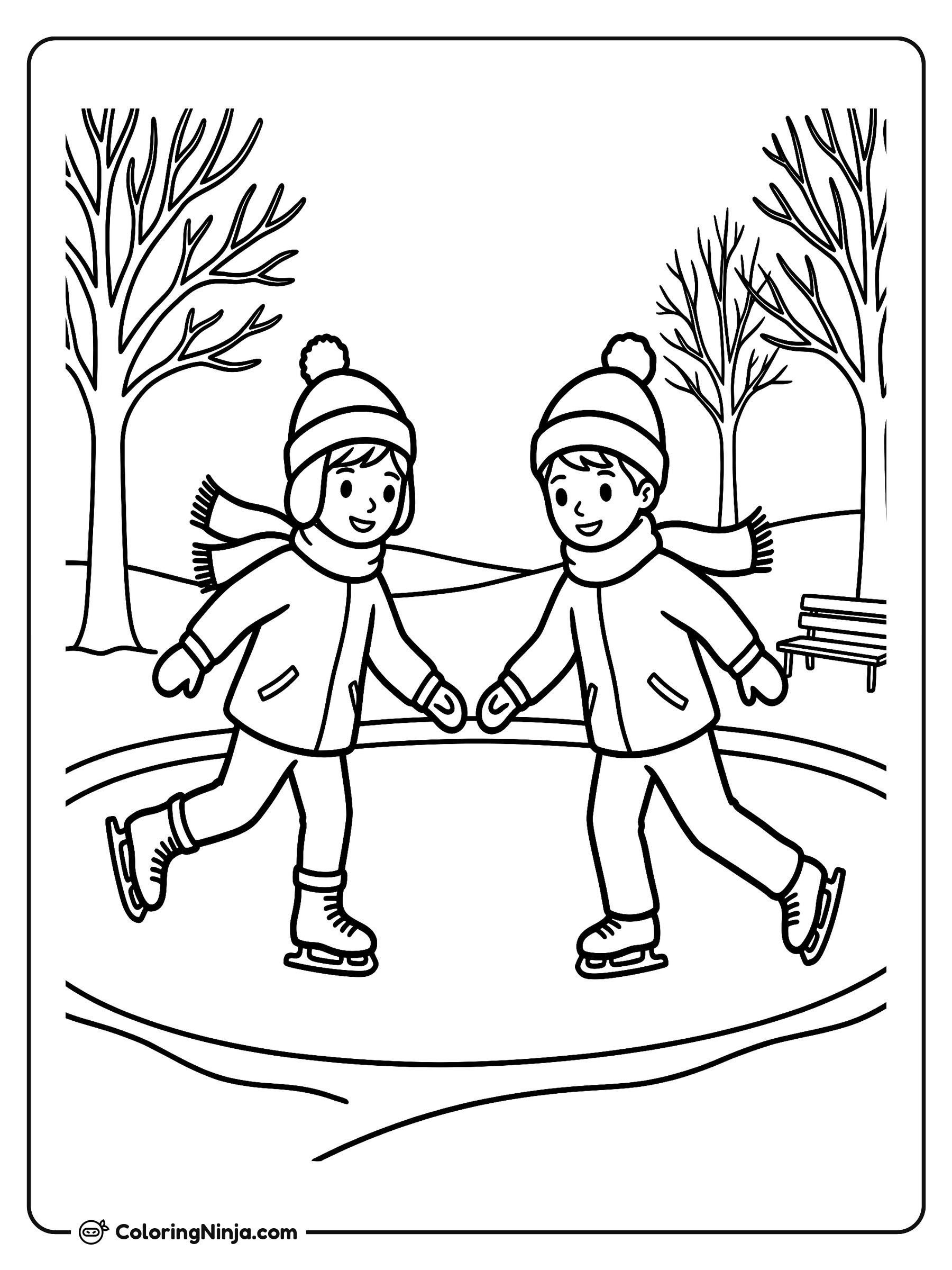 Niños Patinando sobre Hielo en el Parque: dibujo para colorear