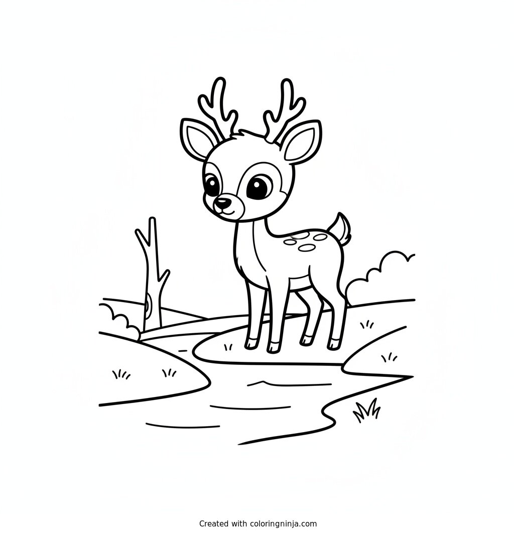 A coloring page of Illustrate a deer standing near a quiet riverbank, nature-inspired line drawing, minimal environmental lines, bold outlines, no shading.