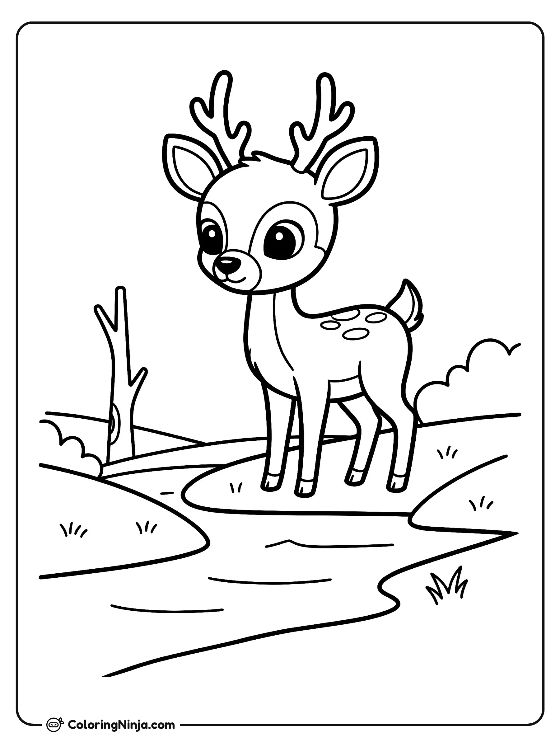 Ciervo junto al río tranquilo, dibujo para colorear: Un joven ciervo con astas pequeñas se encuentra en la orilla pastosa de un río serpenteante.