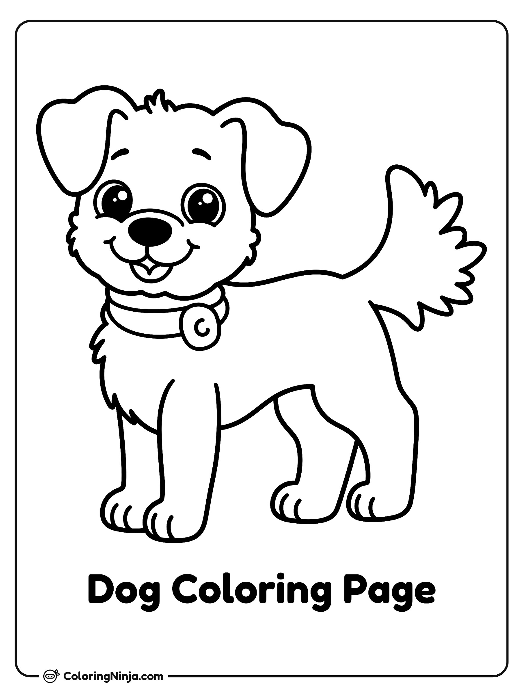 Perrito feliz con collar y cola esponjosa: dibujo para colorear