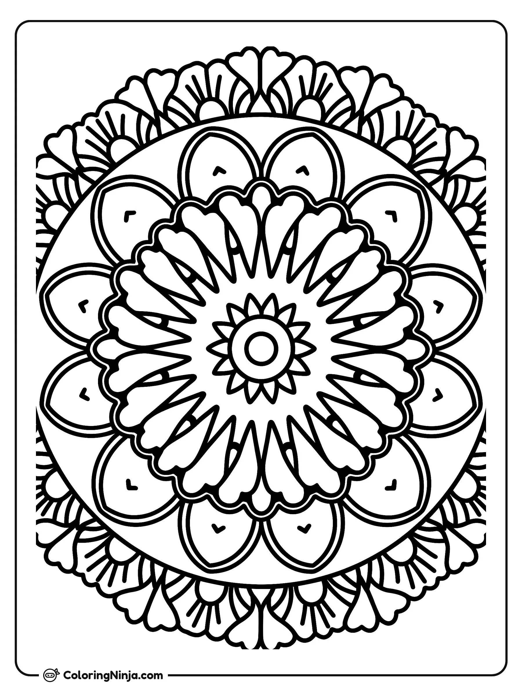 Mandala de estilo indio relajante, dibujo para colorear: Un mandala simétrico de estilo indio con patrones florales, formas de corazones y pétalos concéntricos.