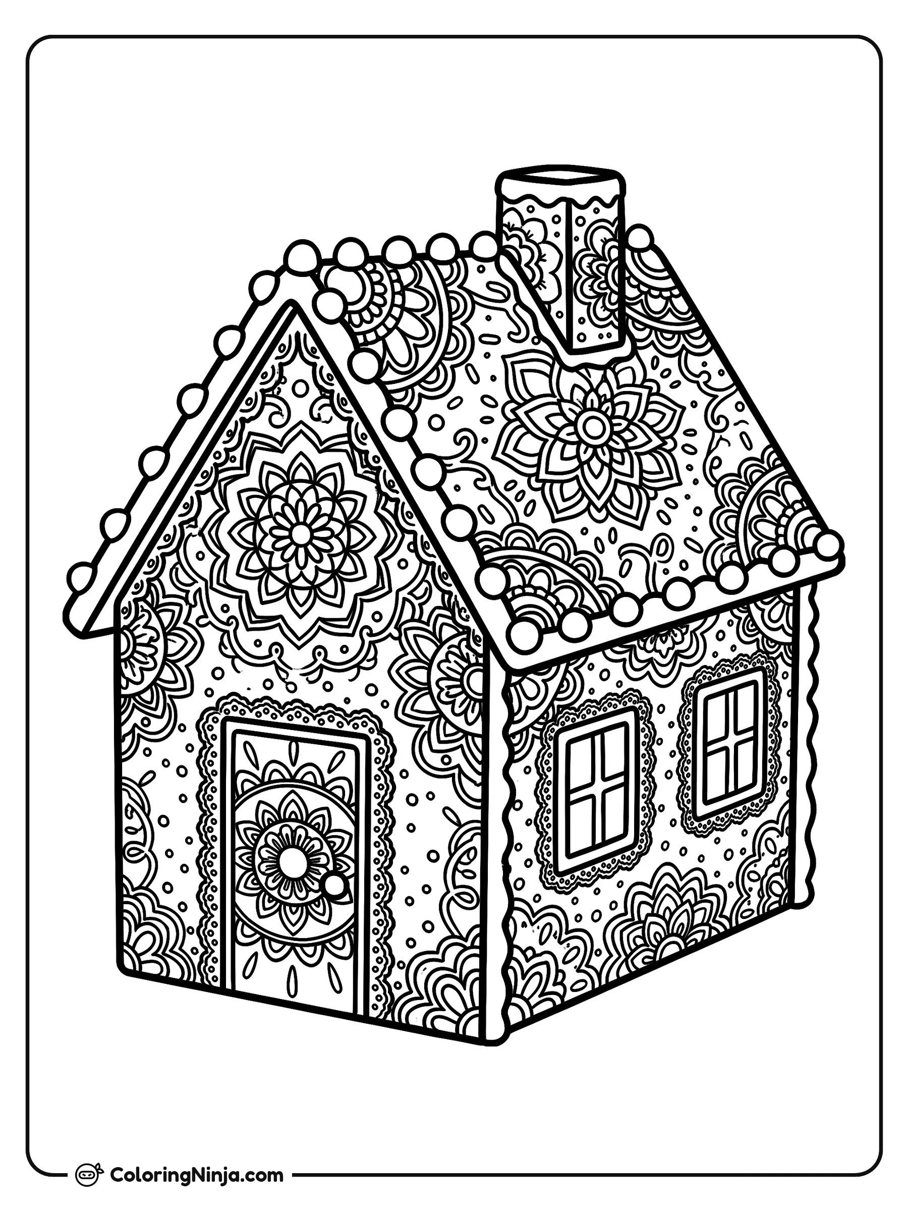 Intricate Icing Pattern House Coloring Page: A detailed gingerbread house showcases complex lace trim, delicate filigree scrollwork, mandala icing designs on the walls, and fine roof textures.