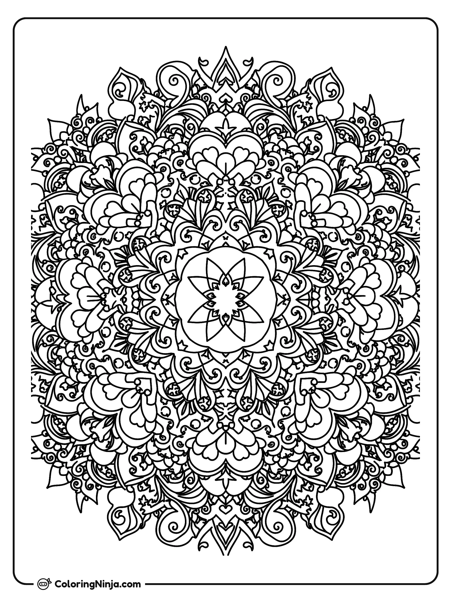 Mándala circular con corazones y flores, dibujo para colorear: Un elegante diseño circular presenta un intrincado patrón de mándala repleto de motivos florales, espirales y capas de corazones.