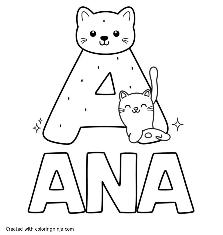 A coloring page of A is for ANA with word "ANA" in big letters