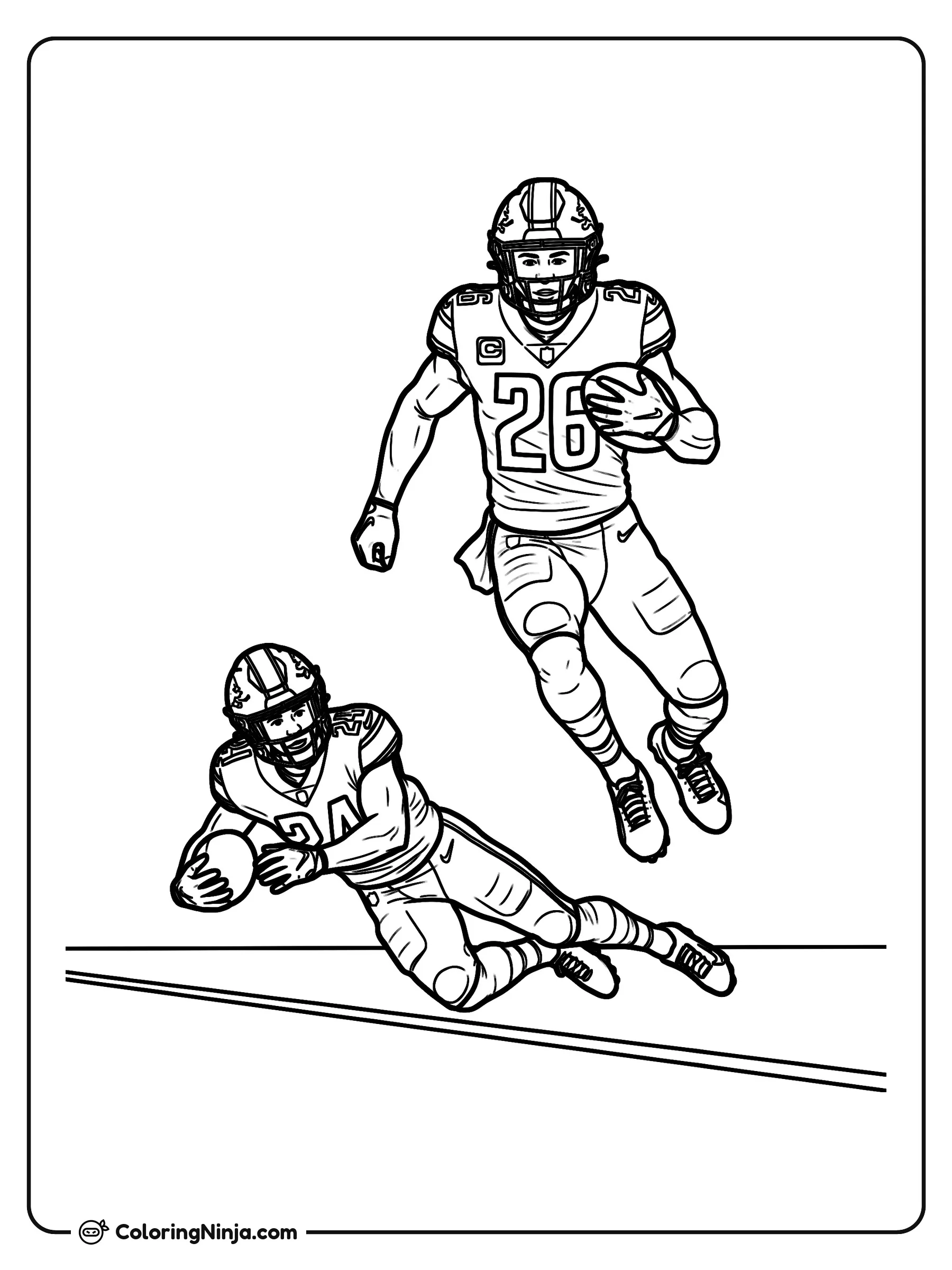 Jahmyr Gibbs corriendo en el campo, dibujo para colorear: Jahmyr Gibbs avanza a toda velocidad con el balón de fútbol americano mientras otro jugador se desplaza por el césped.