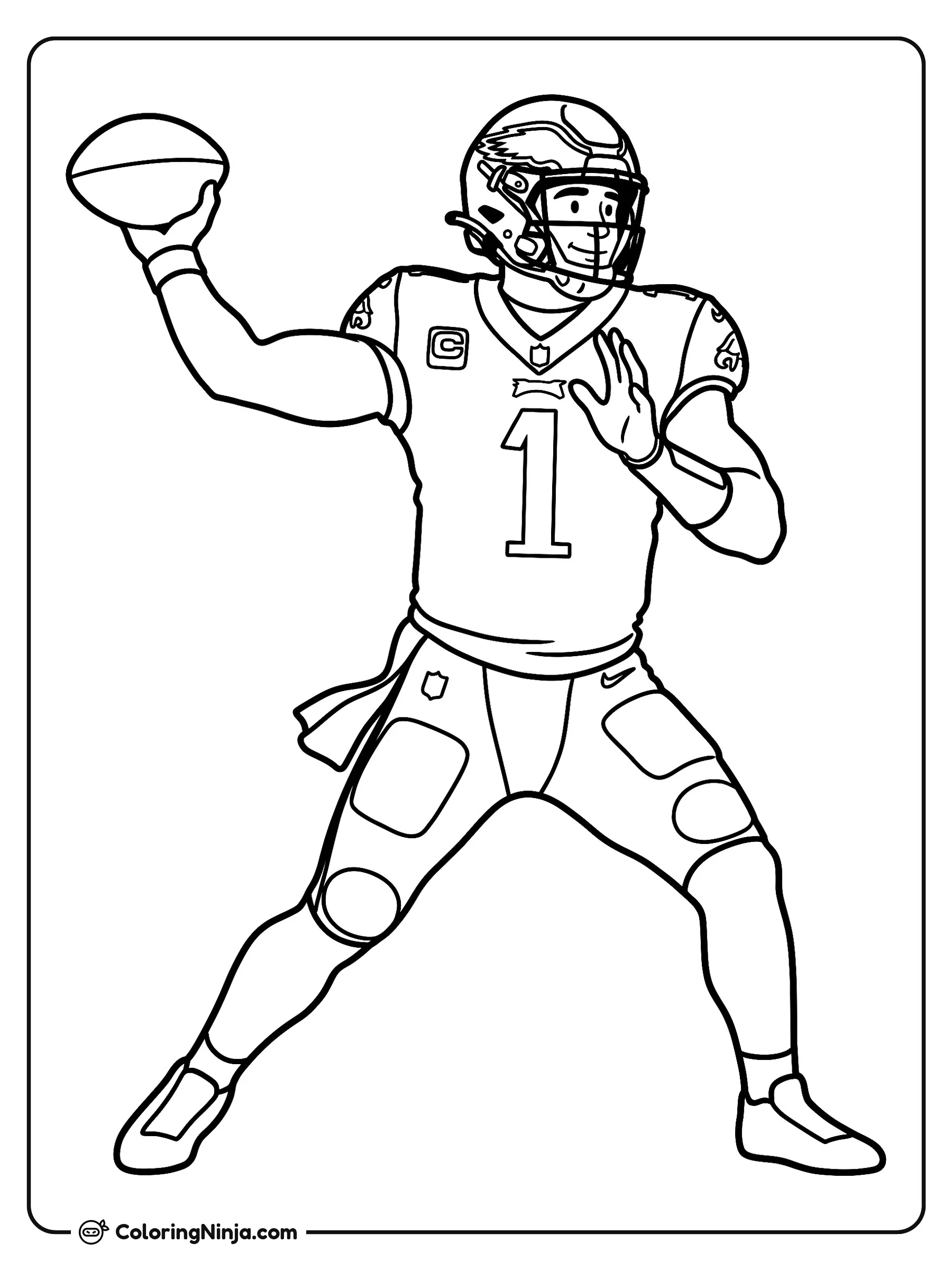 Pase largo de Jalen Hurts, dibujo para colorear: Jalen Hurts se prepara para lanzar un pase profundo en el campo con su uniforme completo de fútbol americano y casco.