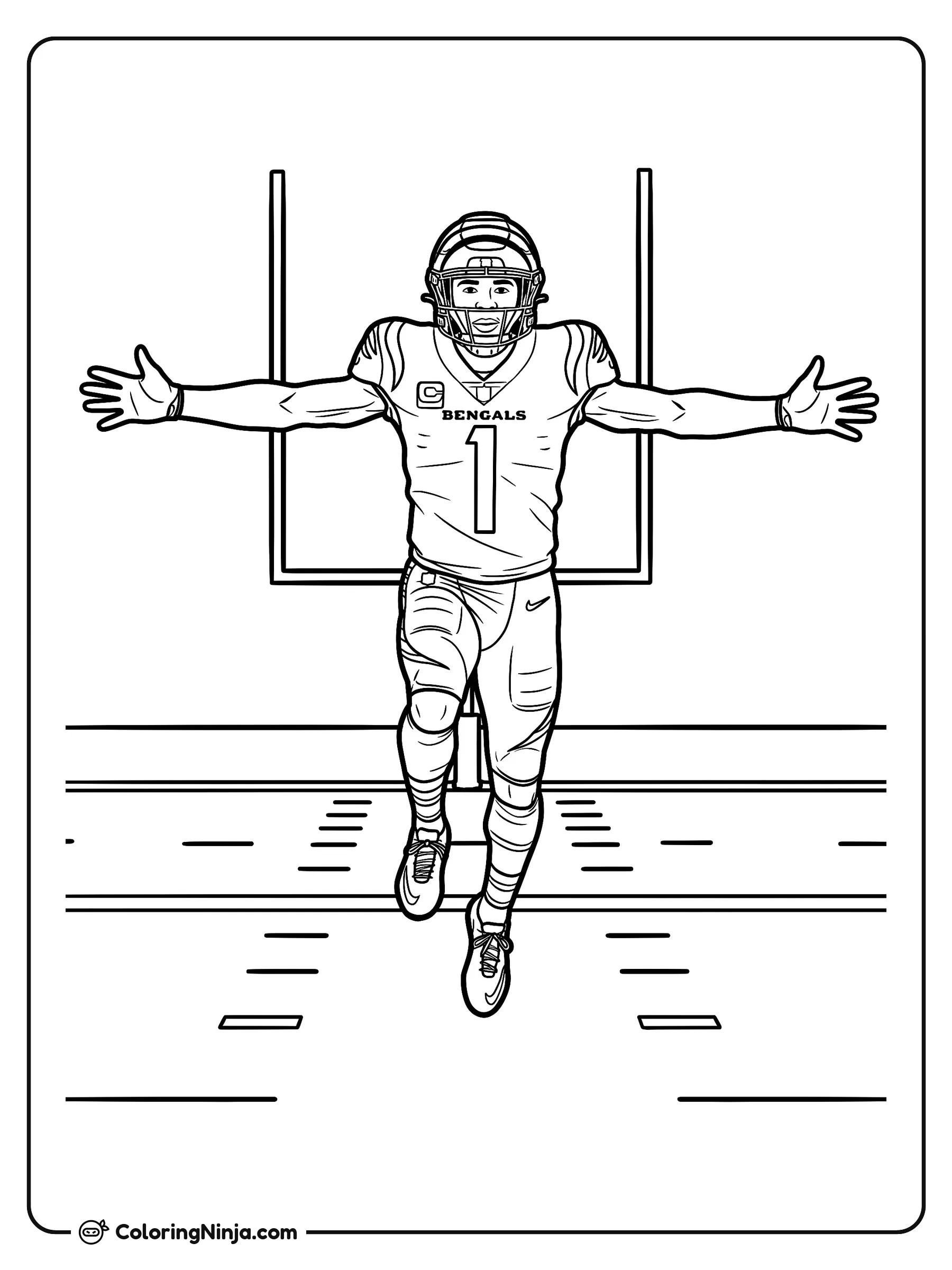 Celebración de touchdown de Ja'Marr Chase, dibujo para colorear: El jugador de fútbol americano Ja'Marr Chase celebra una anotación en el campo con los brazos abiertos.