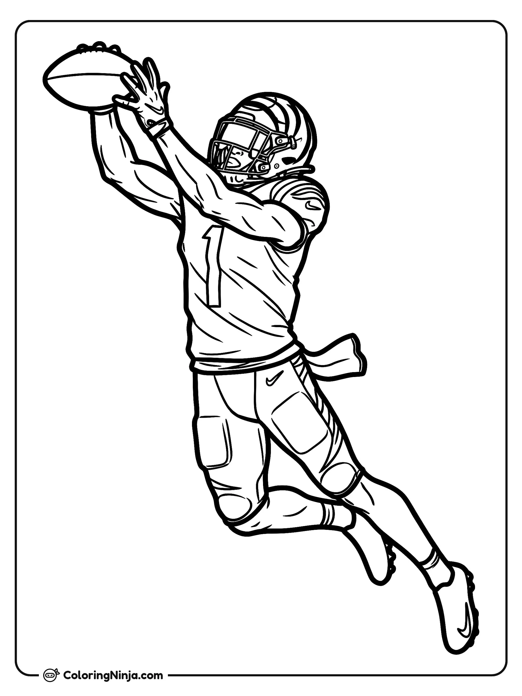 Atrapada de Ja'Marr Chase, dibujo para colorear: El jugador de fútbol americano Ja'Marr Chase salta muy alto en el aire para atrapar el balón con una maniobra impresionante.