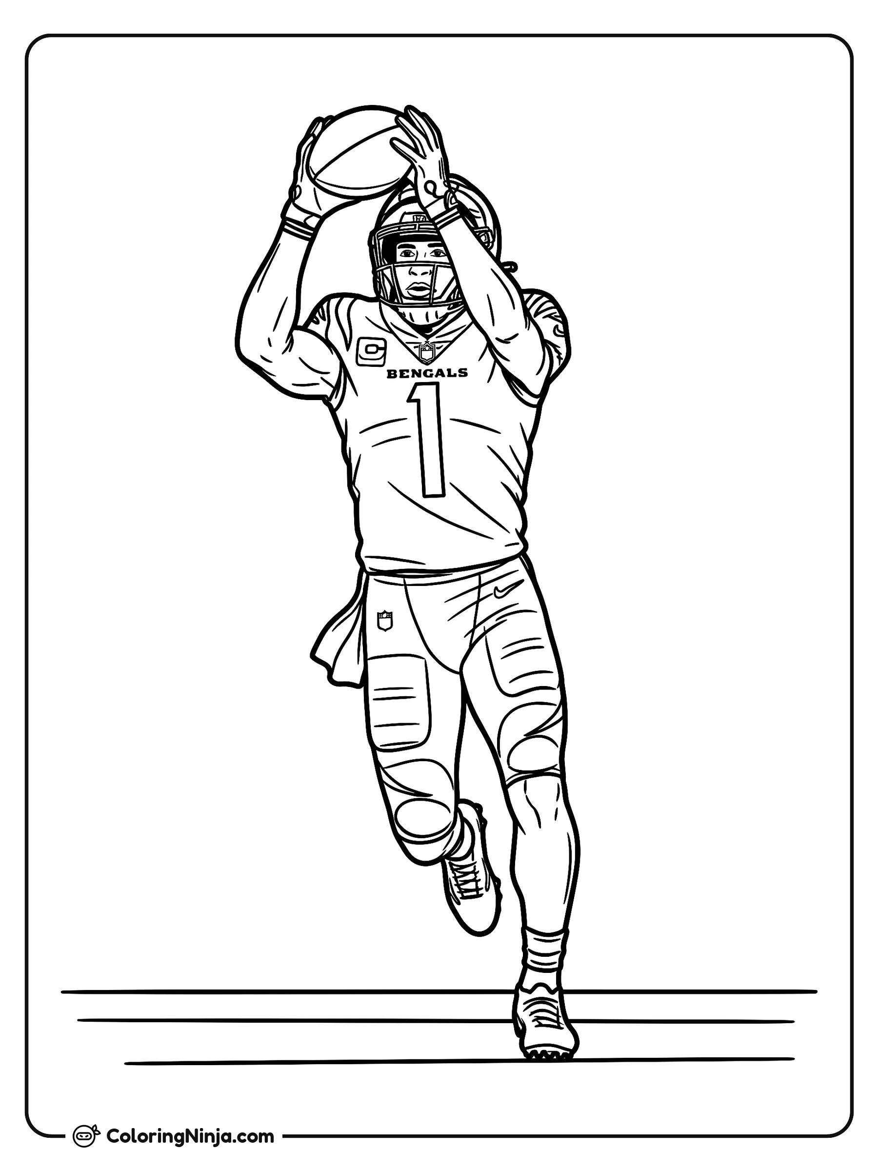Ja'Marr Chase atrapando un pase, dibujo para colorear: Ja'Marr Chase se estira con ambas manos para atrapar un balón de fútbol americano en el aire mientras corre.