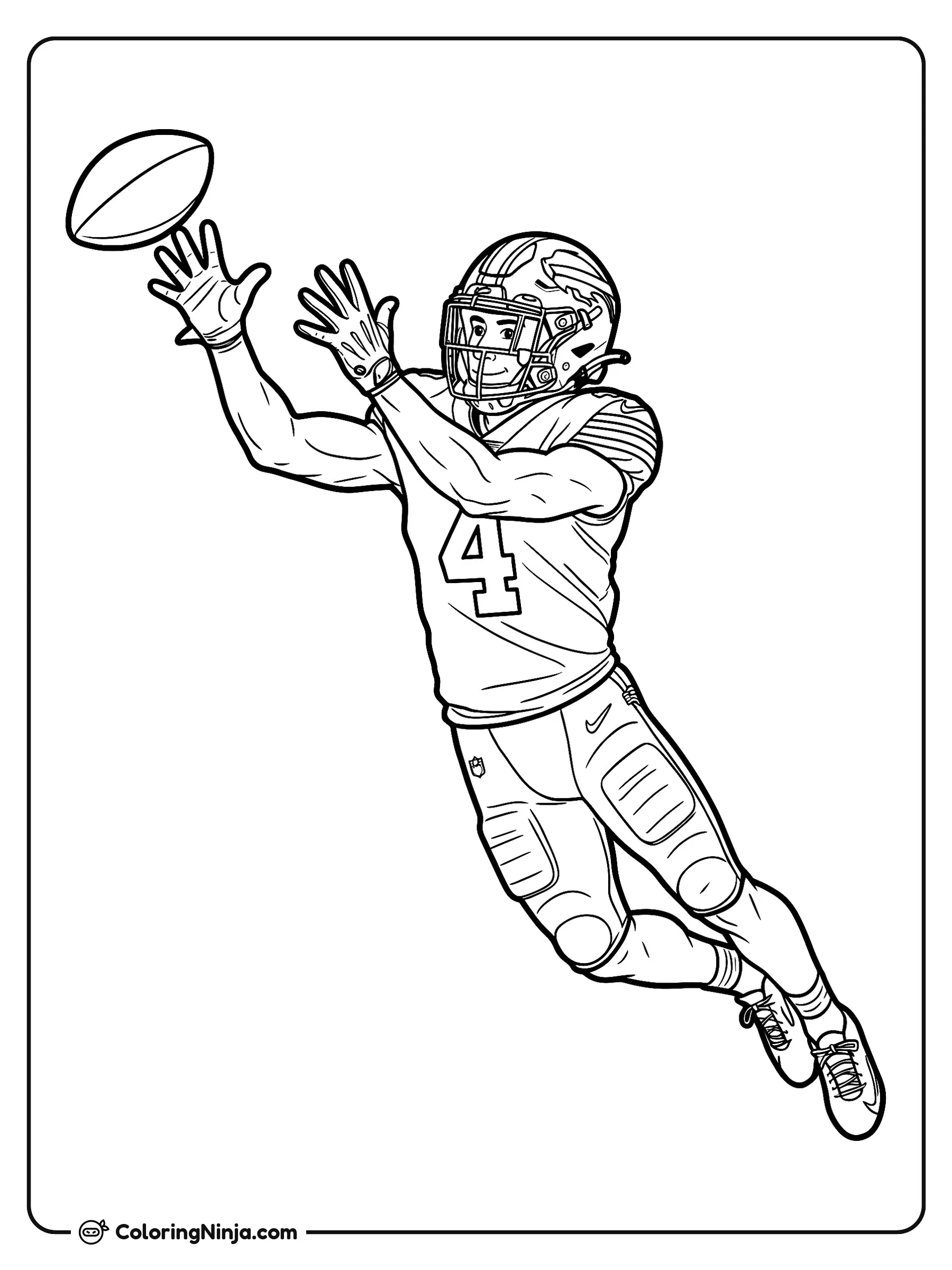 James Cook atrapando un pase, dibujo para colorear: El jugador de fútbol americano James Cook salta por el aire para atrapar un pase con ambos brazos extendidos. Lleva su uniforme completo con casco, guantes y el número cuatro en el jersey.