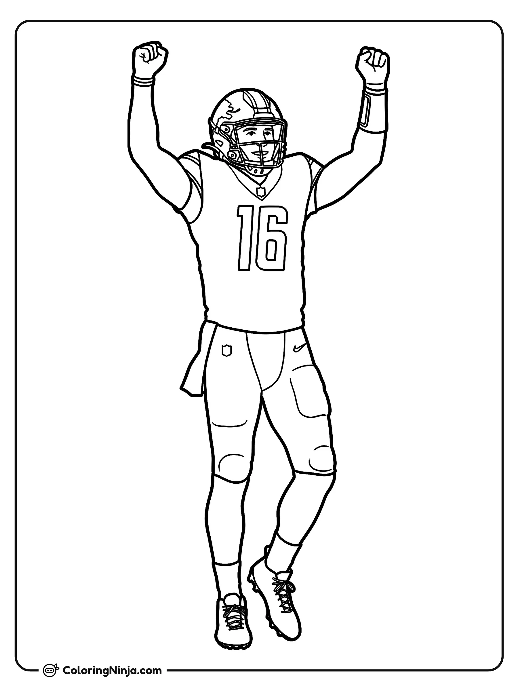 Celebración de touchdown de Jared Goff, dibujo para colorear: El mariscal de campo Jared Goff aparece en el campo celebrando una anotación con los brazos en alto. Porta su casco, el jersey con el número dieciséis y todo su equipo de juego.