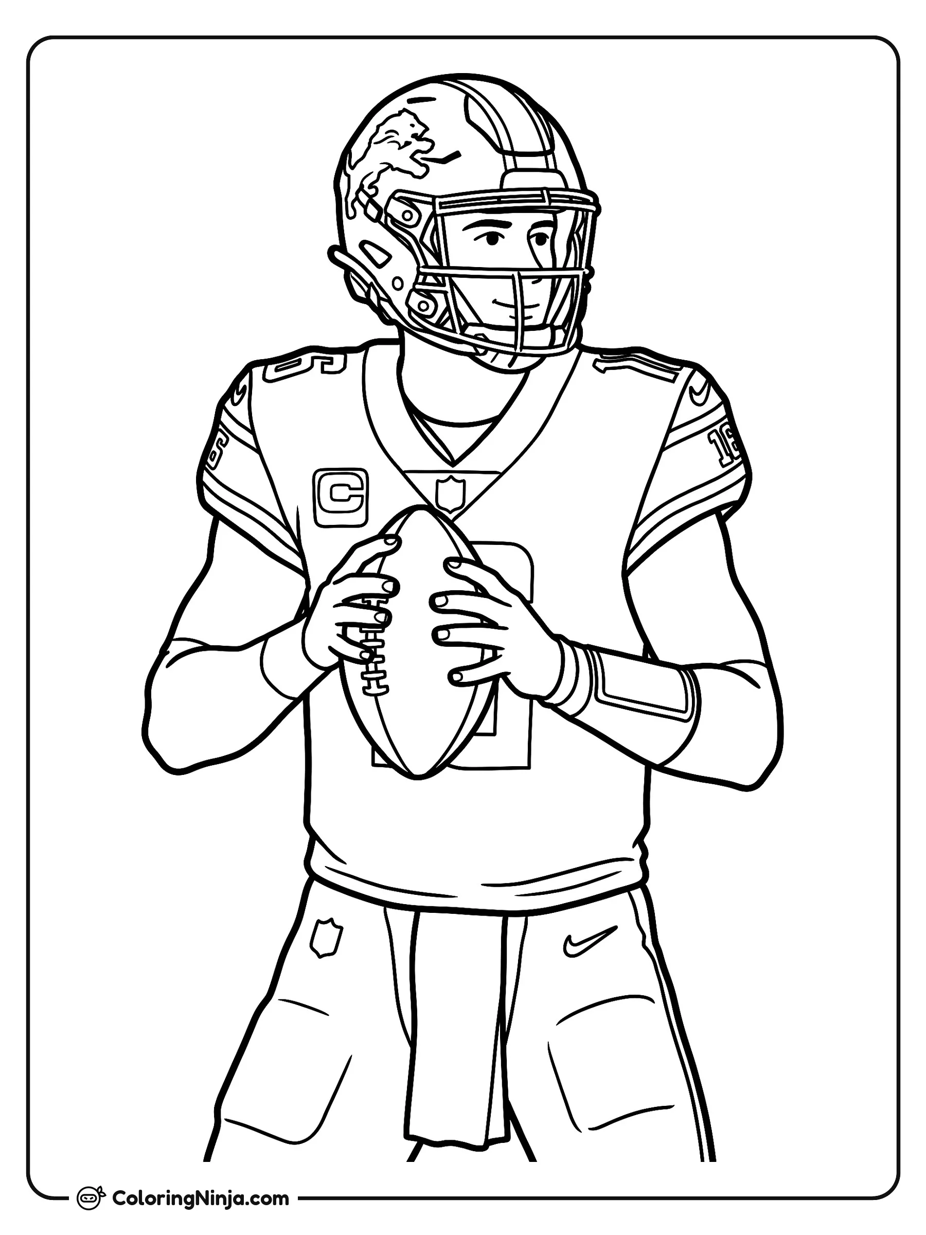 Jared Goff se prepara para lanzar, dibujo para colorear: Jared Goff aparece en el campo de juego sosteniendo un balón de fútbol americano con ambas manos. Viste su uniforme completo con casco, jersey y coderas.