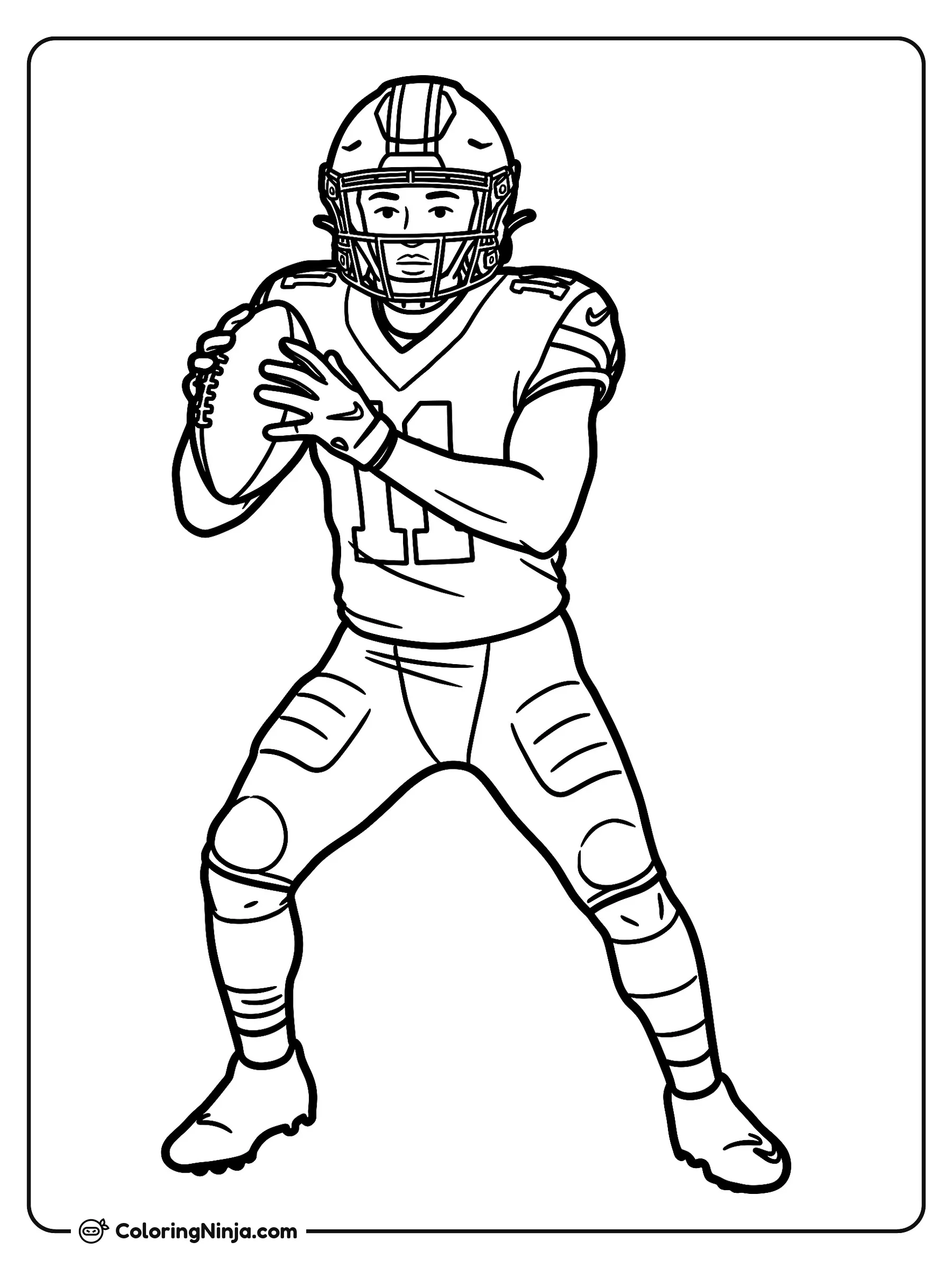 El jugador de fútbol americano Jaxon Smith Njigba, dibujo para colorear: El jugador de fútbol americano Jaxon Smith Njigba está listo para la acción sosteniendo un balón con ambas manos.