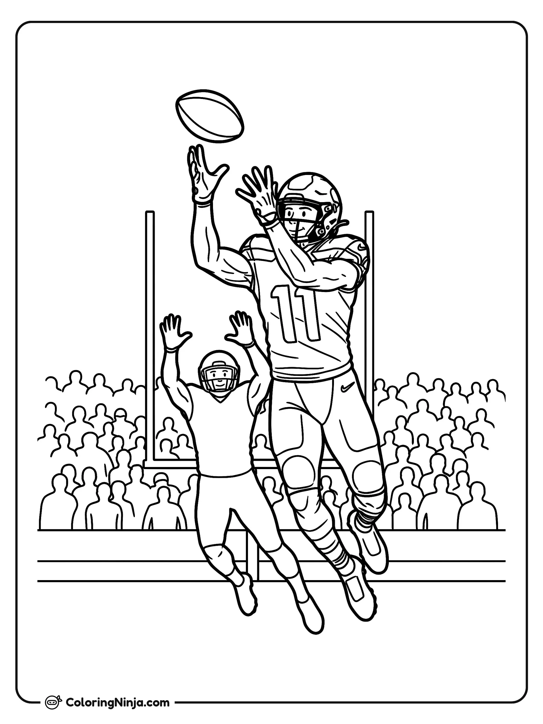 Atrapada espectacular de Jaxon Smith-Njigba, dibujo para colorear: El jugador de fútbol americano Jaxon Smith-Njigba salta muy alto en el aire para atrapar un pase durante un partido.