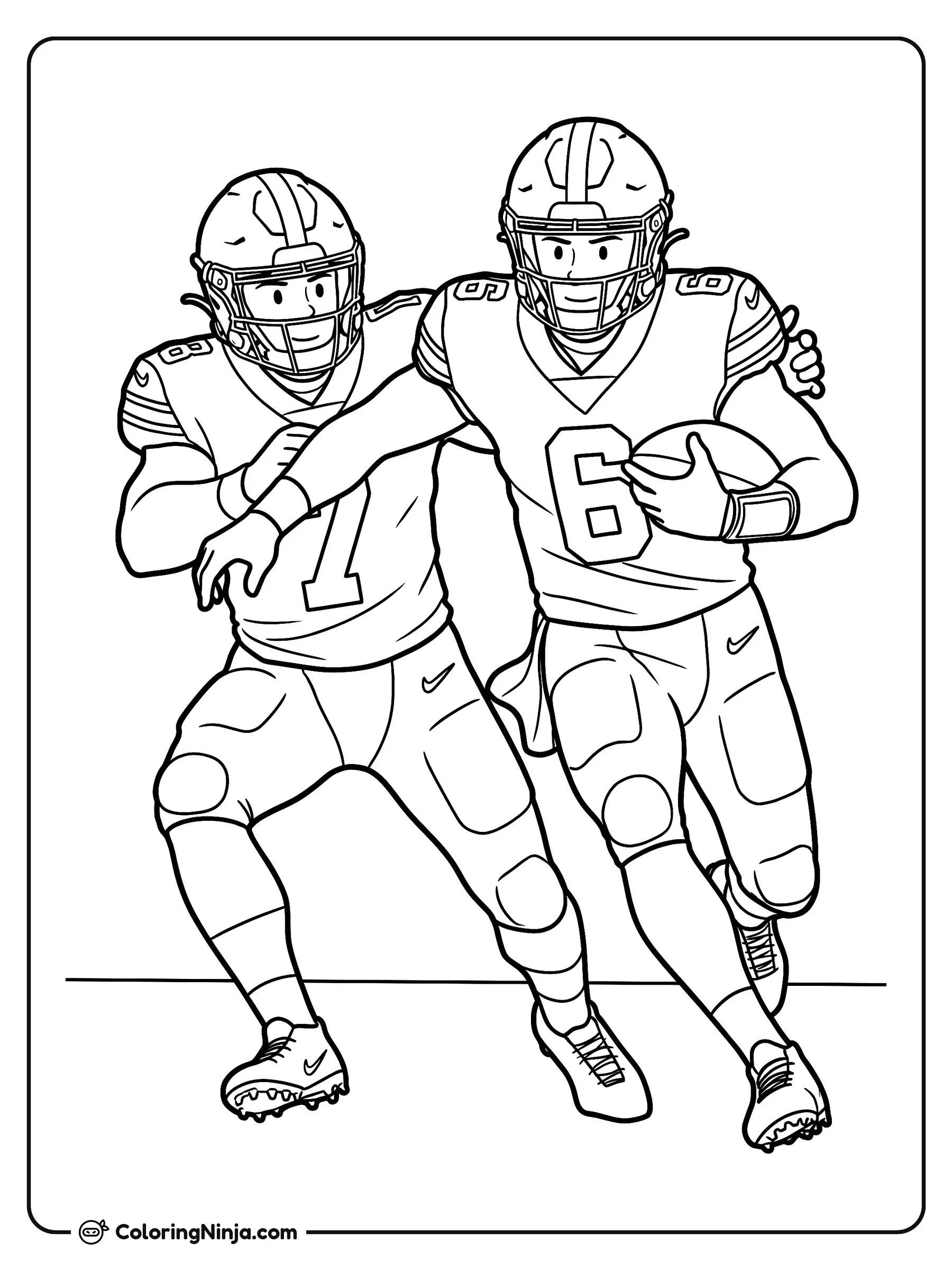 Jaxson Dart esquivando a un defensor, dibujo para colorear: Jaxson Dart avanza con el balón de fútbol americano bien sujeto mientras extiende el brazo para esquivar a un rival.