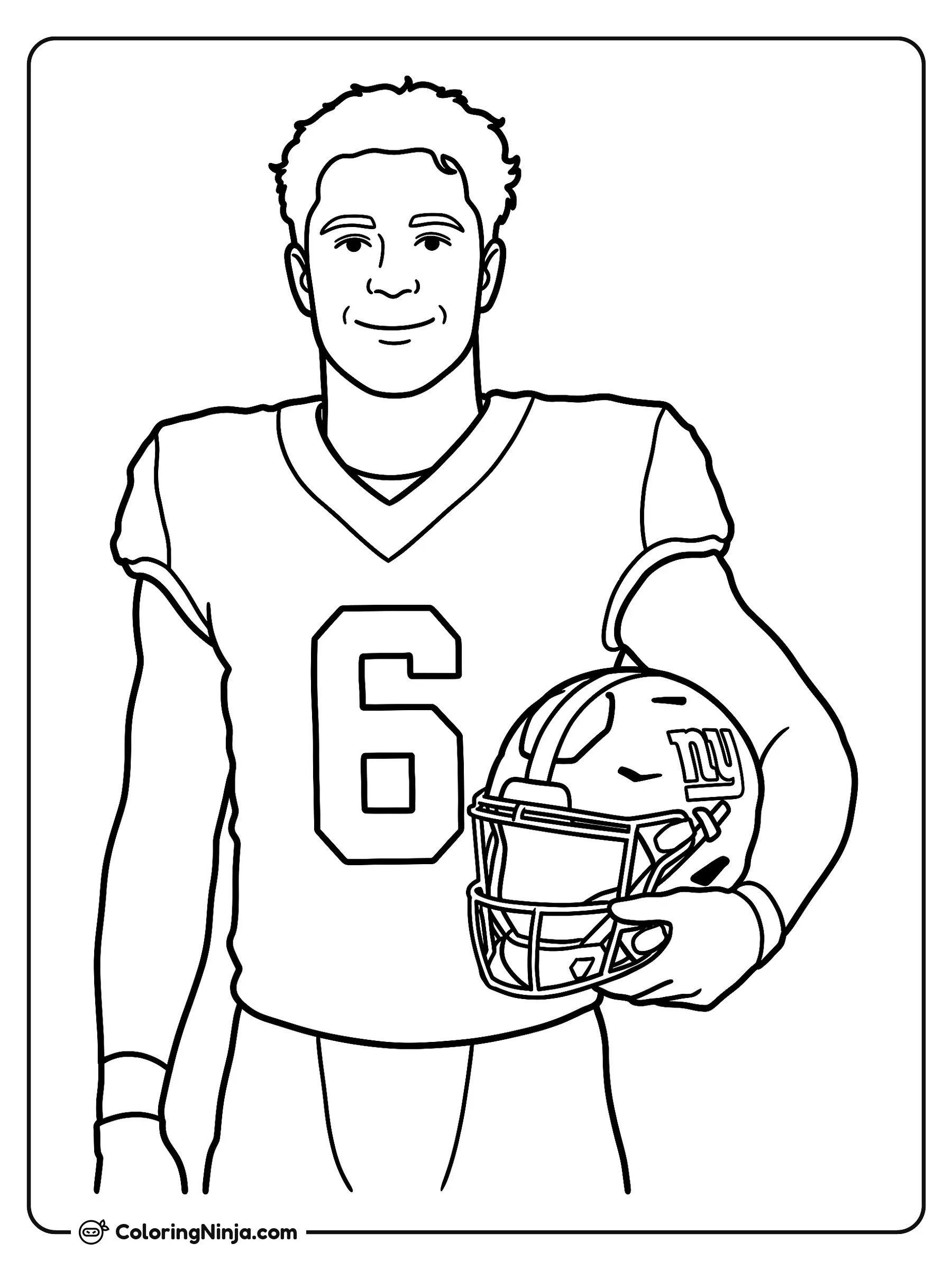 Jaxson Dart sosteniendo su casco, dibujo para colorear: Jaxson Dart posa con orgullo en su uniforme de fútbol americano luciendo el número seis en el pecho.