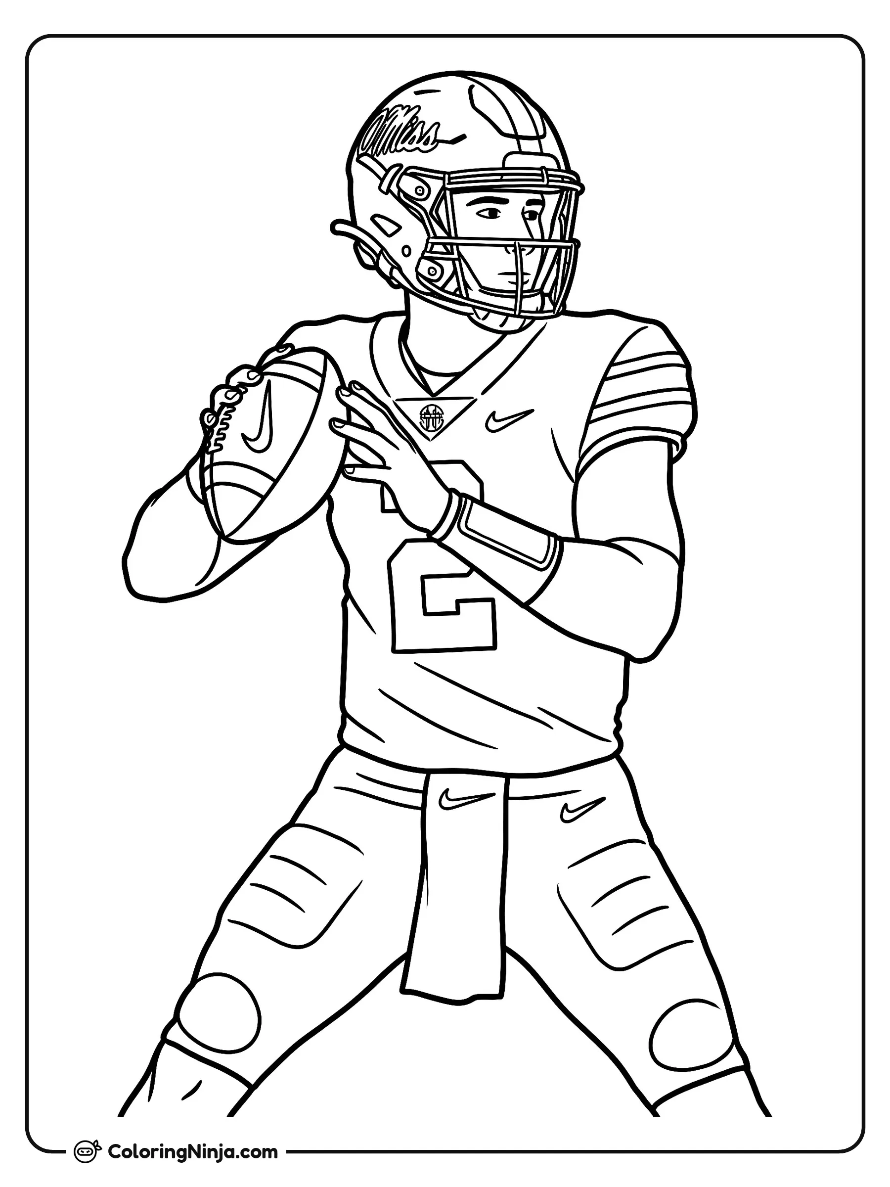 Jaxson Dart listo para lanzar, dibujo para colorear: El mariscal de campo Jaxson Dart sostiene un balón de fútbol americano con ambas manos mientras se prepara para realizar un pase.