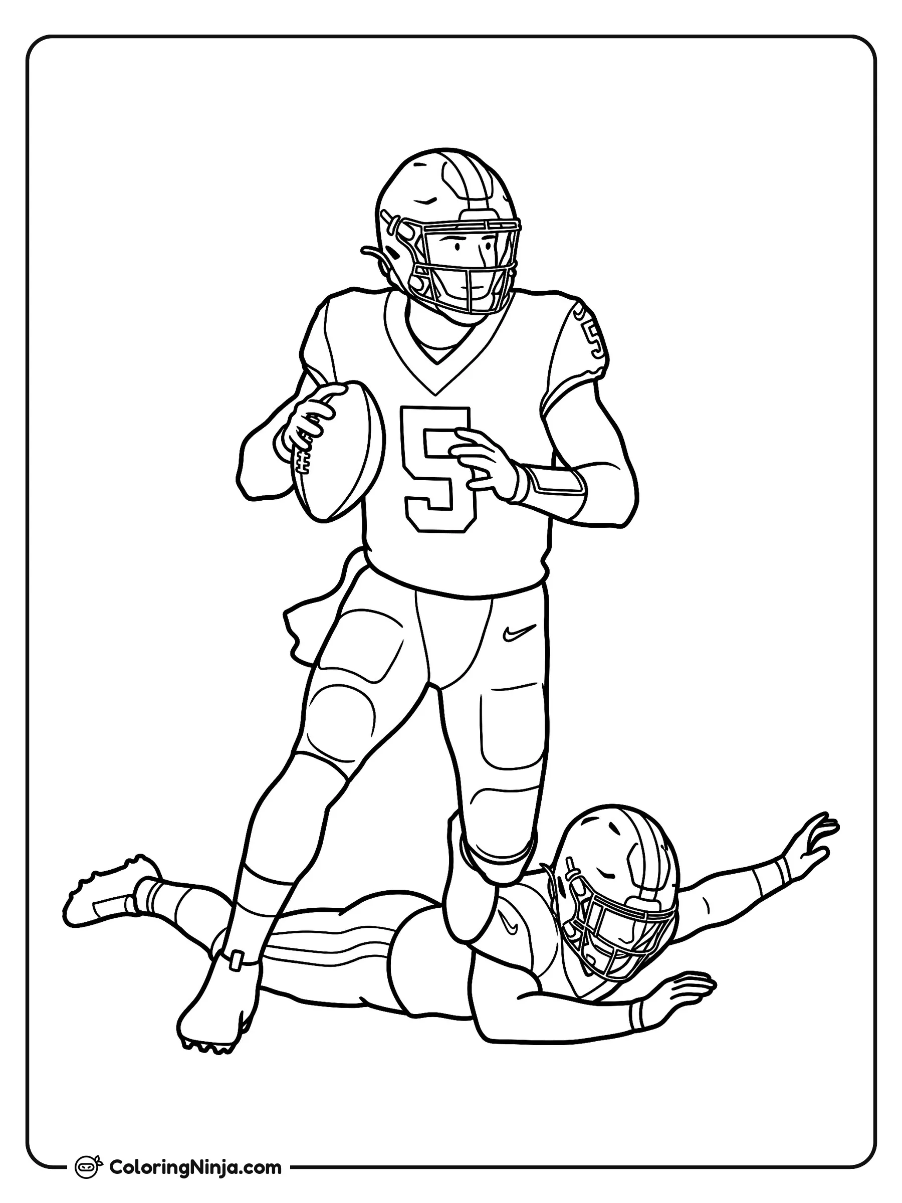 Jayden Daniels escapando con el balón, dibujo para colorear: El mariscal de campo Jayden Daniels corre hacia adelante con el balón sujeto firmemente en su mano mientras porta su uniforme y casco.