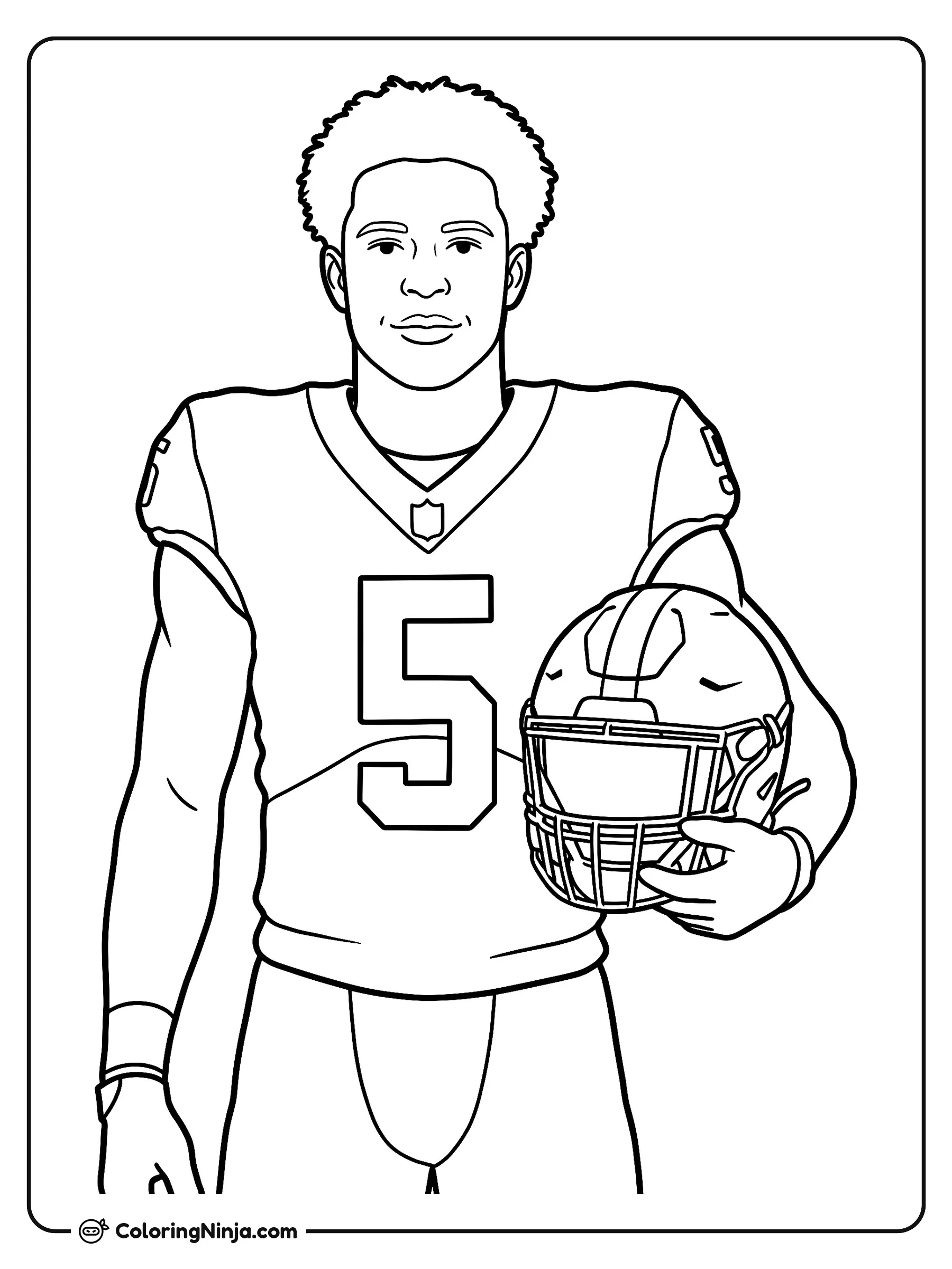 Retrato de Jayden Daniels en la Banda, dibujo para colorear: Jayden Daniels permanece atento luciendo su jersey de fútbol americano con el número cinco en el frente.