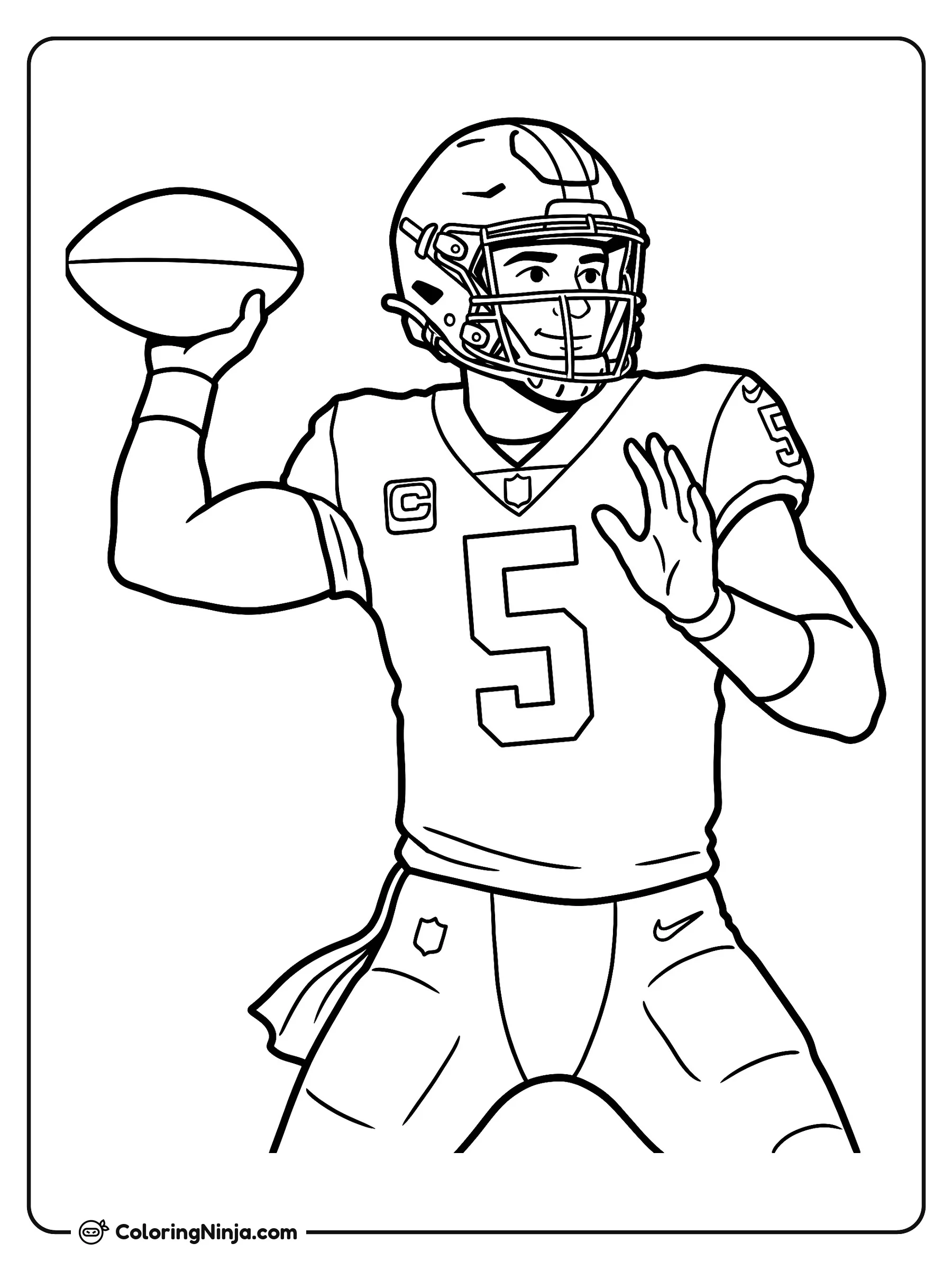 Jayden Daniels lanzando un pase largo, dibujo para colorear: Jayden Daniels está listo en el campo de juego, sosteniendo el balón en alto mientras se prepara para lanzar un pase largo.