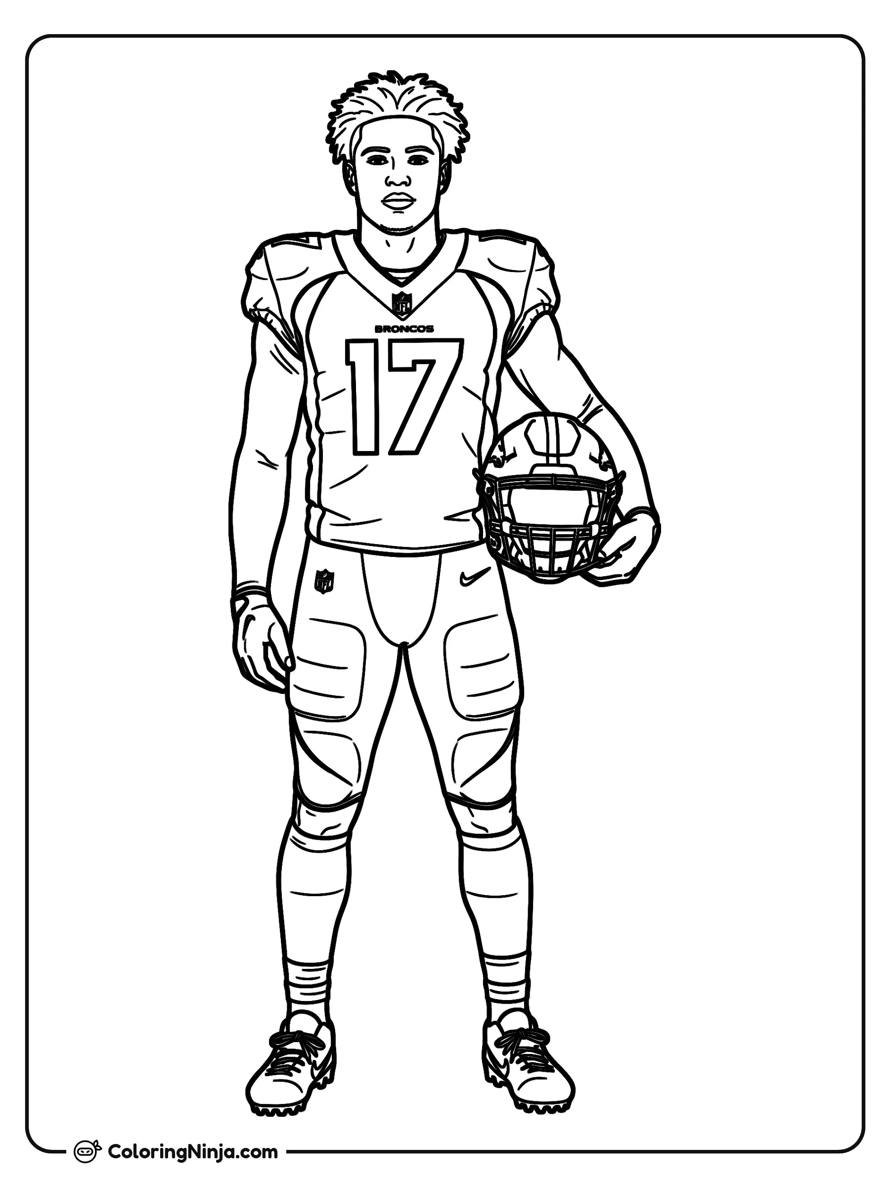 Jaylen Waddle con casco bajo el brazo, dibujo para colorear: Jaylen Waddle posa de frente con su uniforme completo de fútbol americano, portando el número 17 y pantalones acolchados.