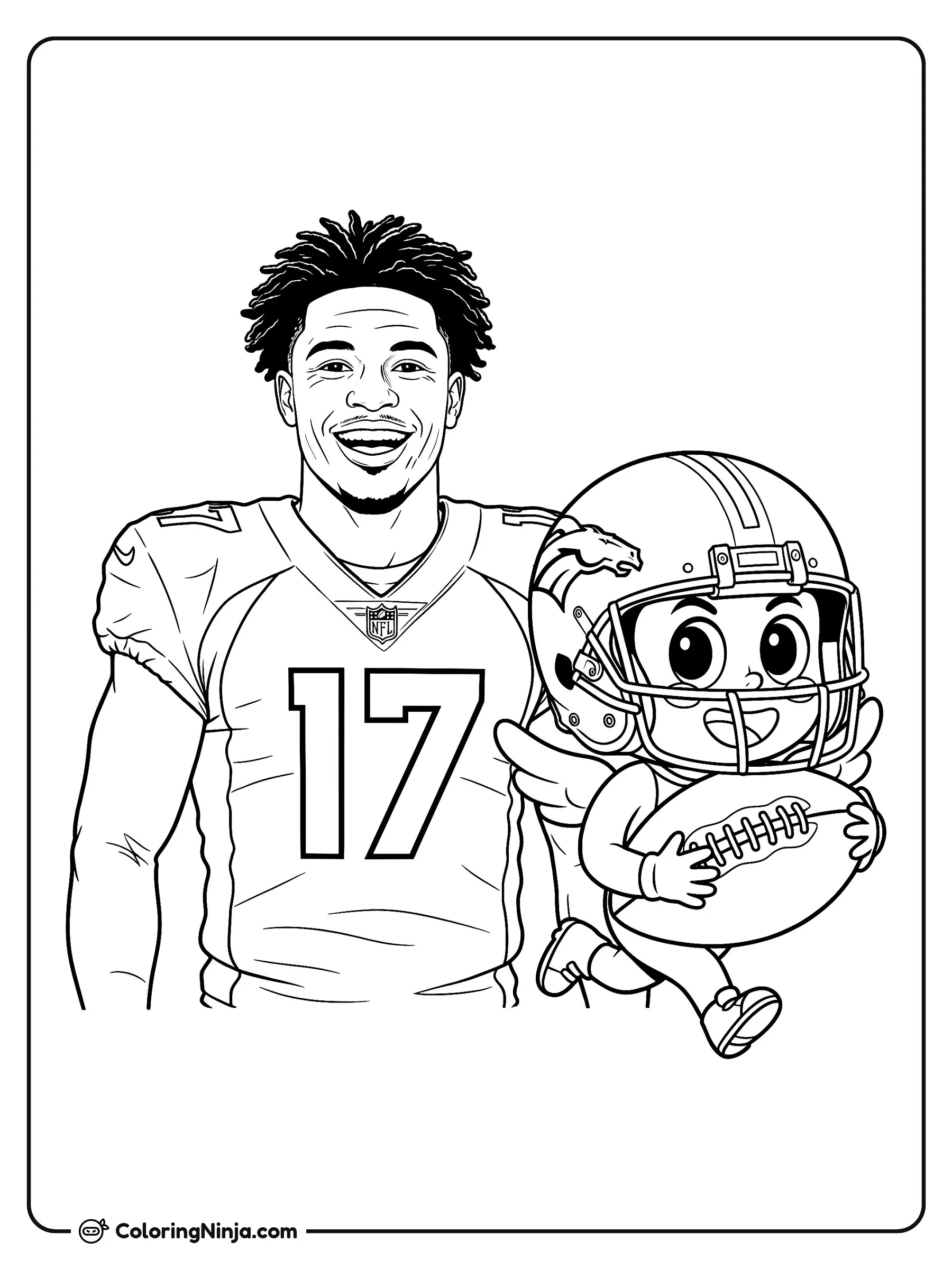 Jaylen Waddle y tierno corredor animado, dibujo para colorear: Jaylen Waddle sonríe con su uniforme de fútbol americano mientras luce el número 17. A su lado, un tierno personaje animado con casco y alas corre velozmente sosteniendo un balón.