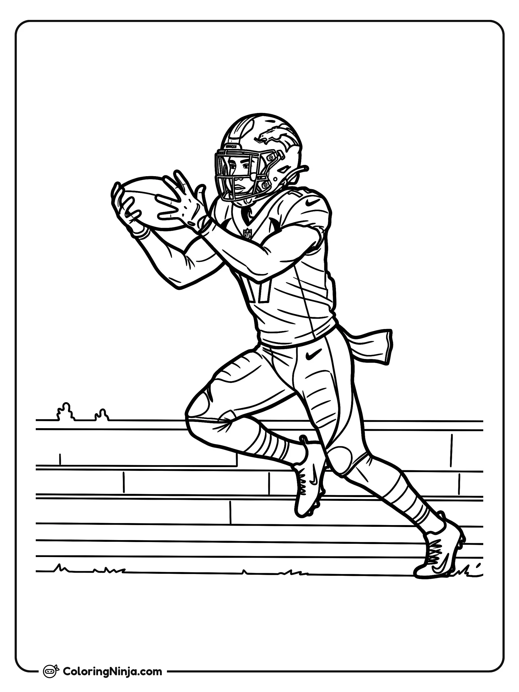 Recepción de Jaylen Waddle en la banda, dibujo para colorear: Jaylen Waddle se estira para atrapar un balón americano cerca de la línea de banda durante un partido.