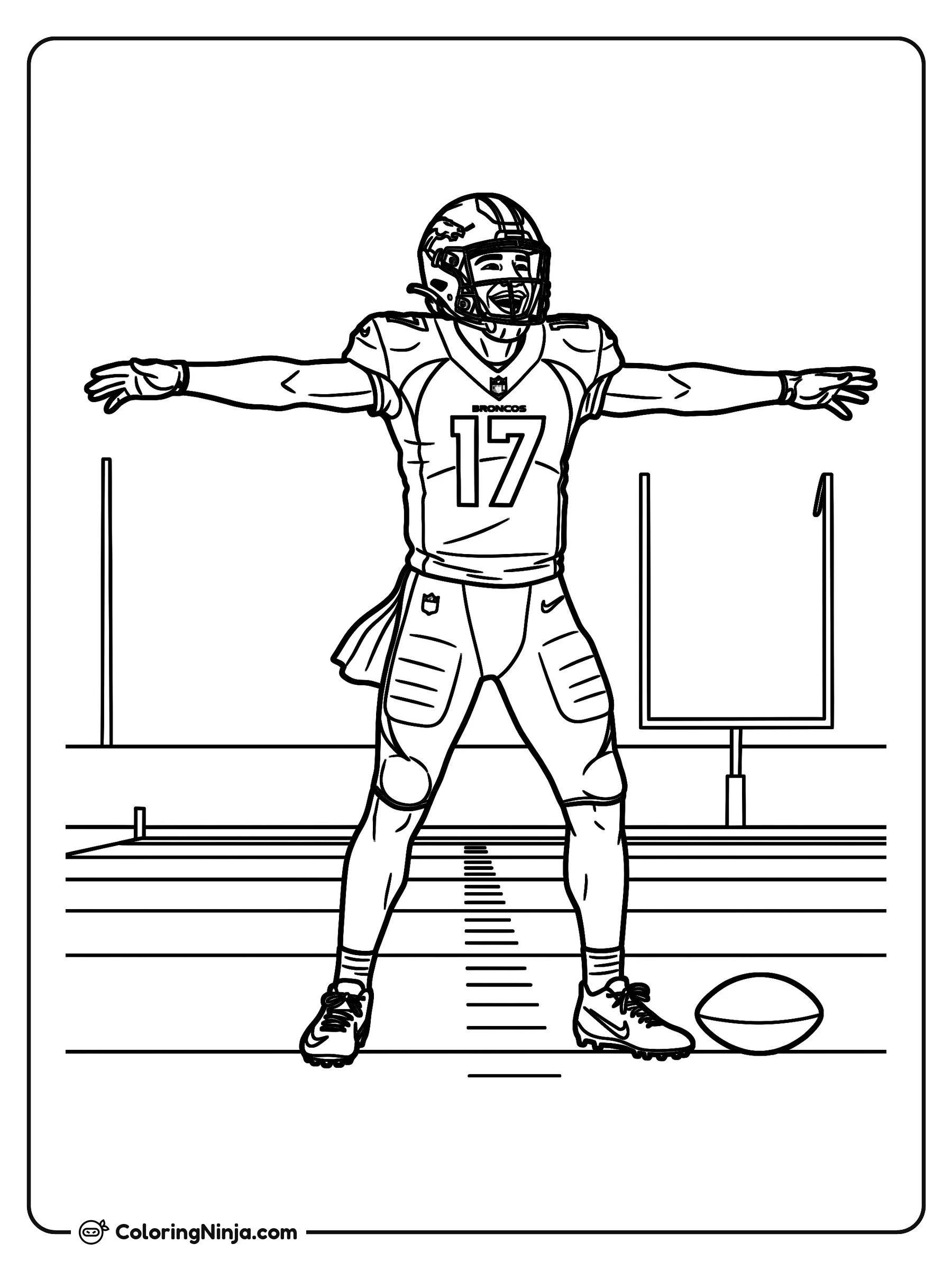 Baile del pingüino de Jaylen Waddle, dibujo para colorear: El jugador de fútbol americano Jaylen Waddle celebra en la cancha haciendo su característico baile del pingüino con los brazos abiertos.